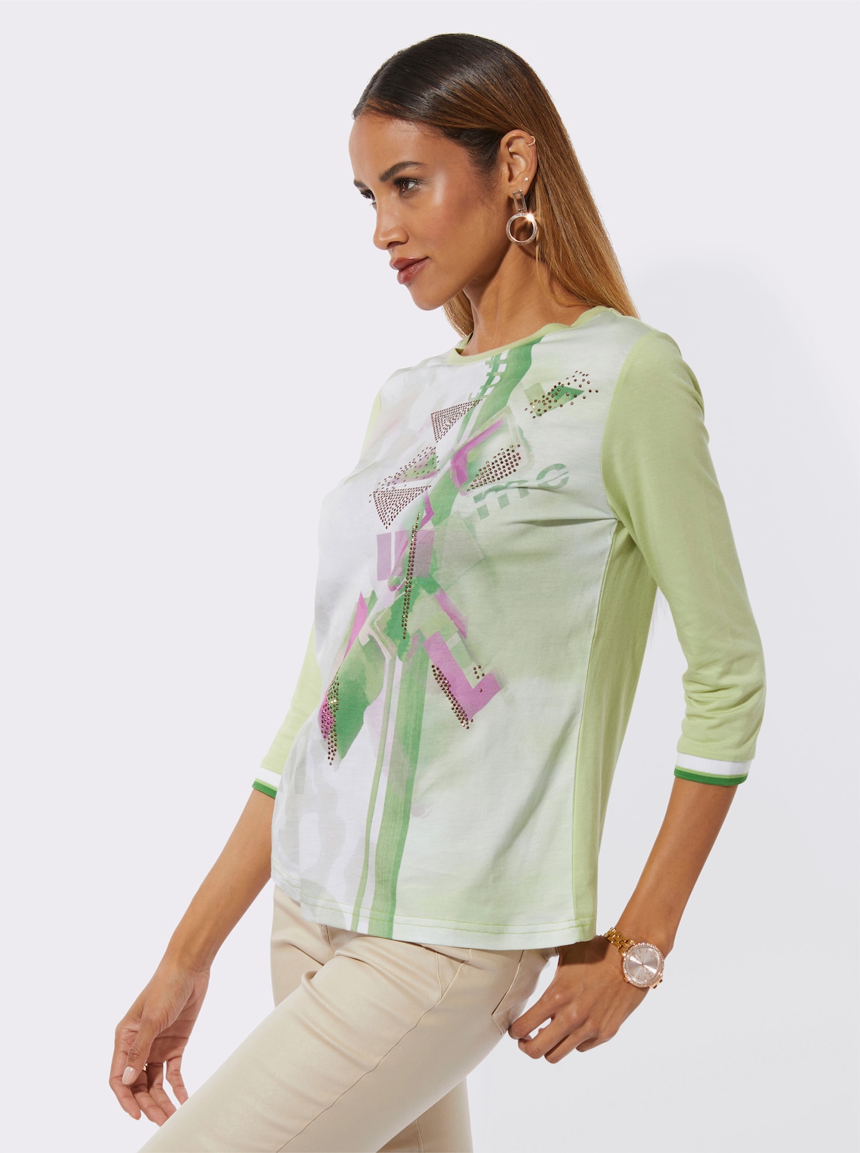 Rundhalsshirt - ecru-pistazie-bedruckt