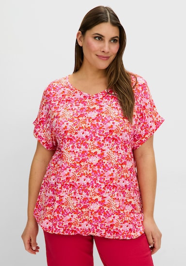 sheego T-Shirt mit Blumendruck und Saum-Gummizug - fuchsia-gemustert