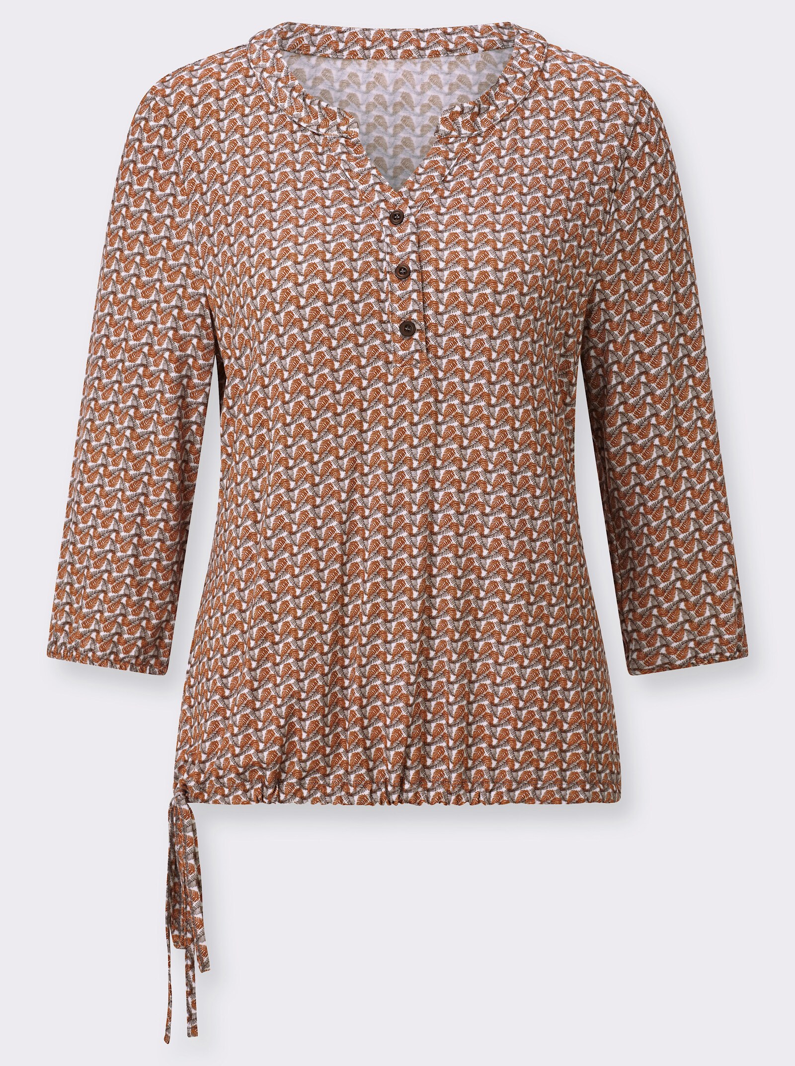 3/4-Arm-Shirt mit Gummizug am Ärmel - ecru-cognac-gemustert