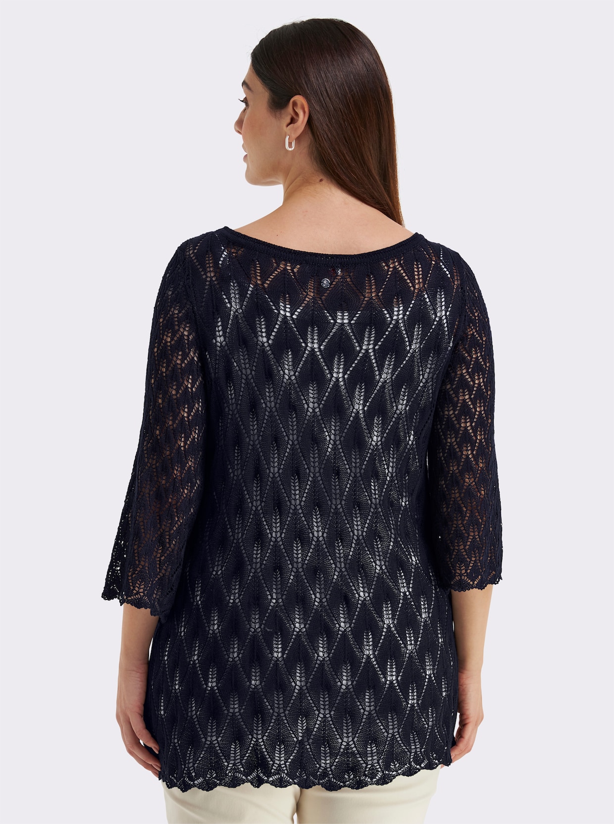 sheego Ajourpullover mit 3/4-Trompetenärmeln - tiefblau