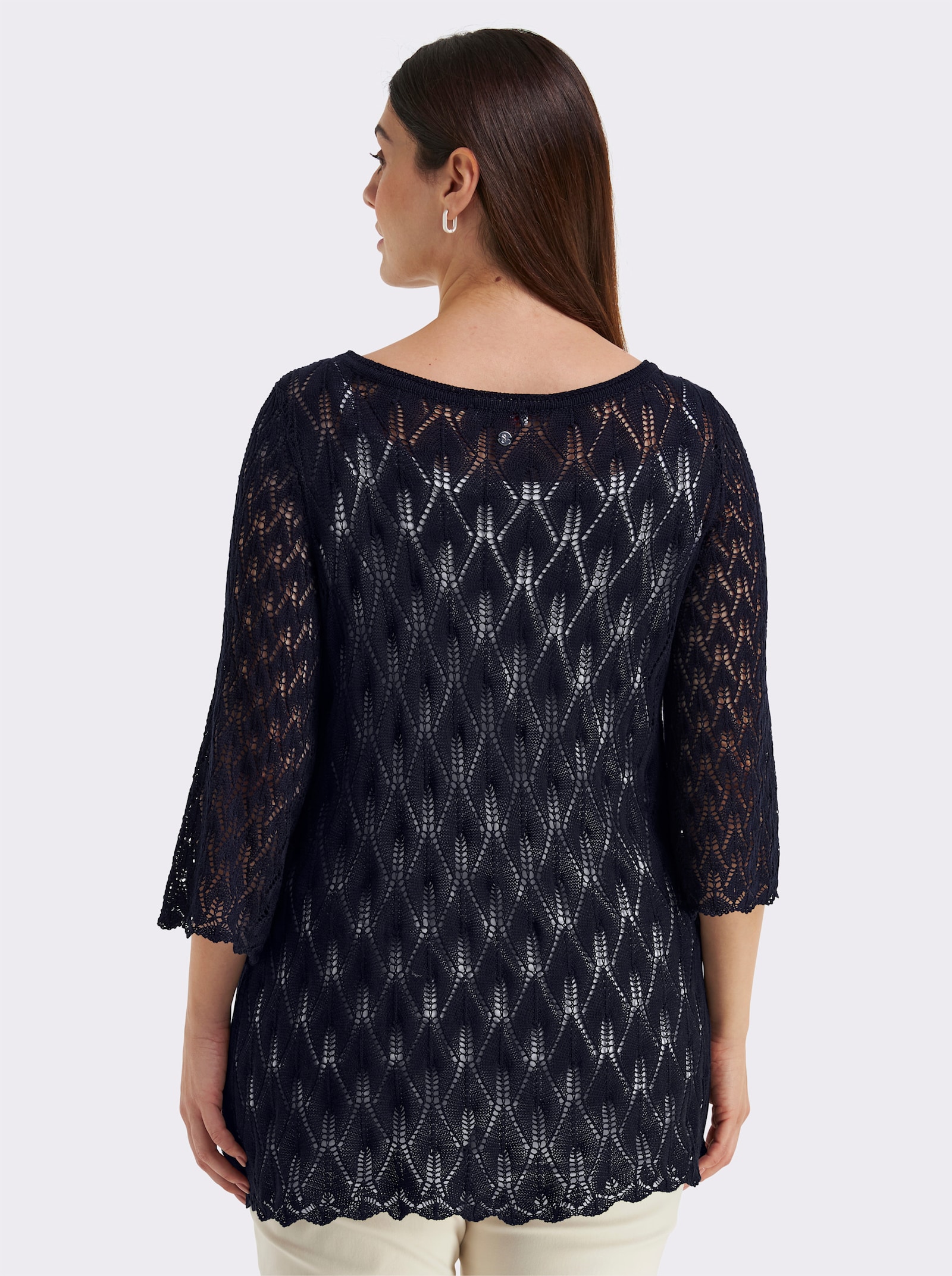 sheego Ajourpullover mit 3/4-Trompetenärmeln - tiefblau