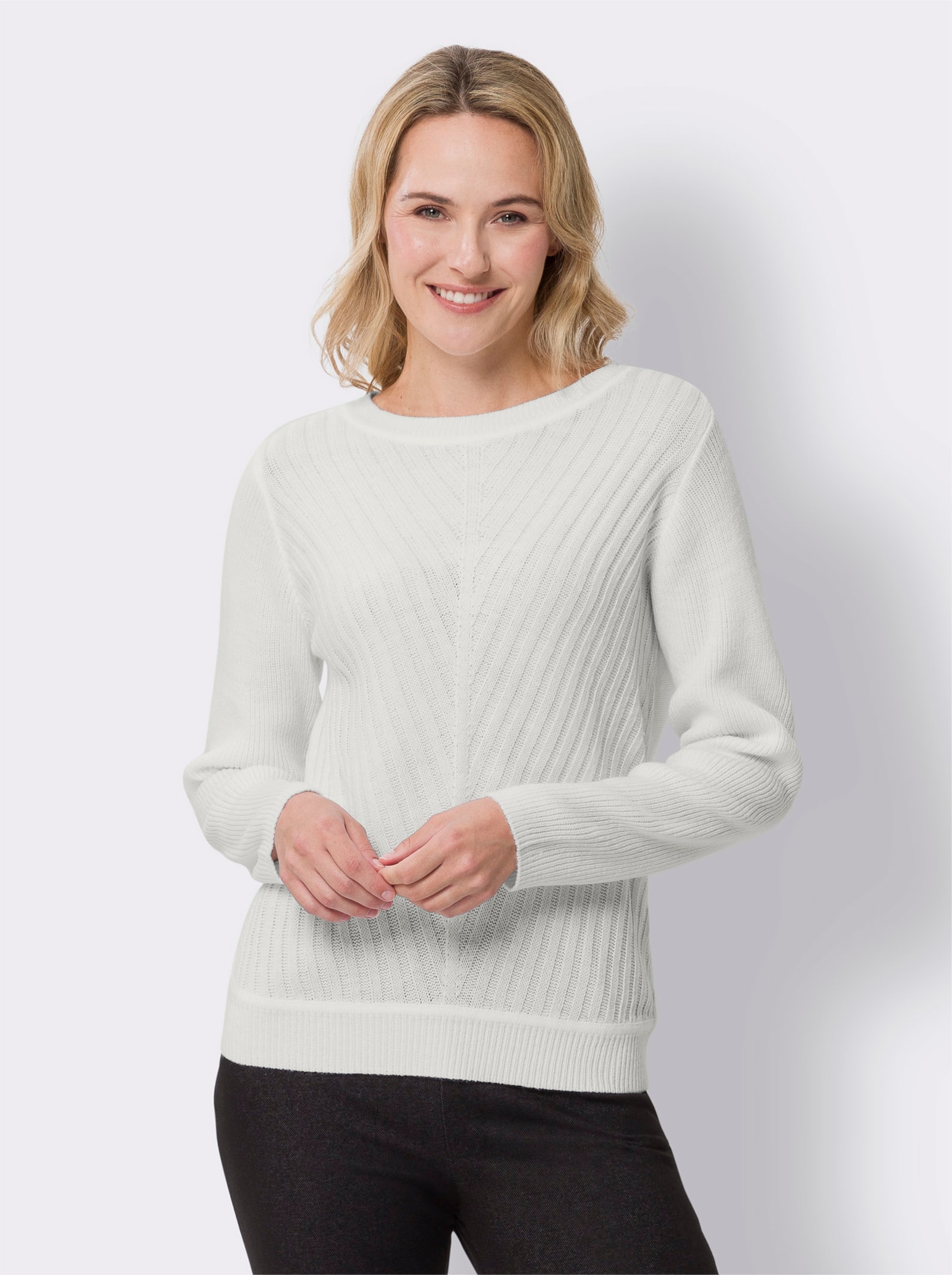 Tröja med rund halsringning & ribbstickat mönster - gräddvit