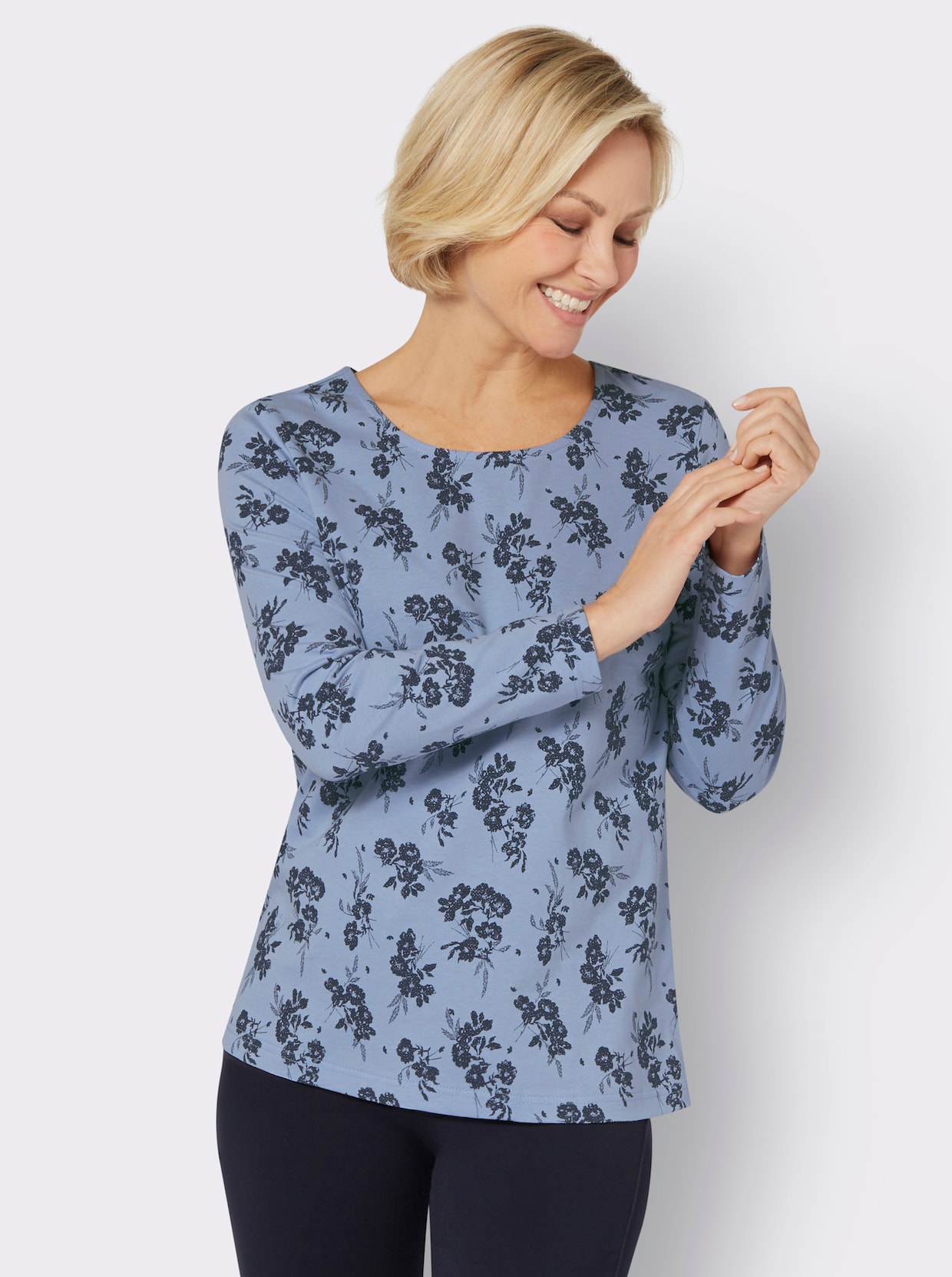 Rundhals-Shirt - bleu-marine-bedruckt