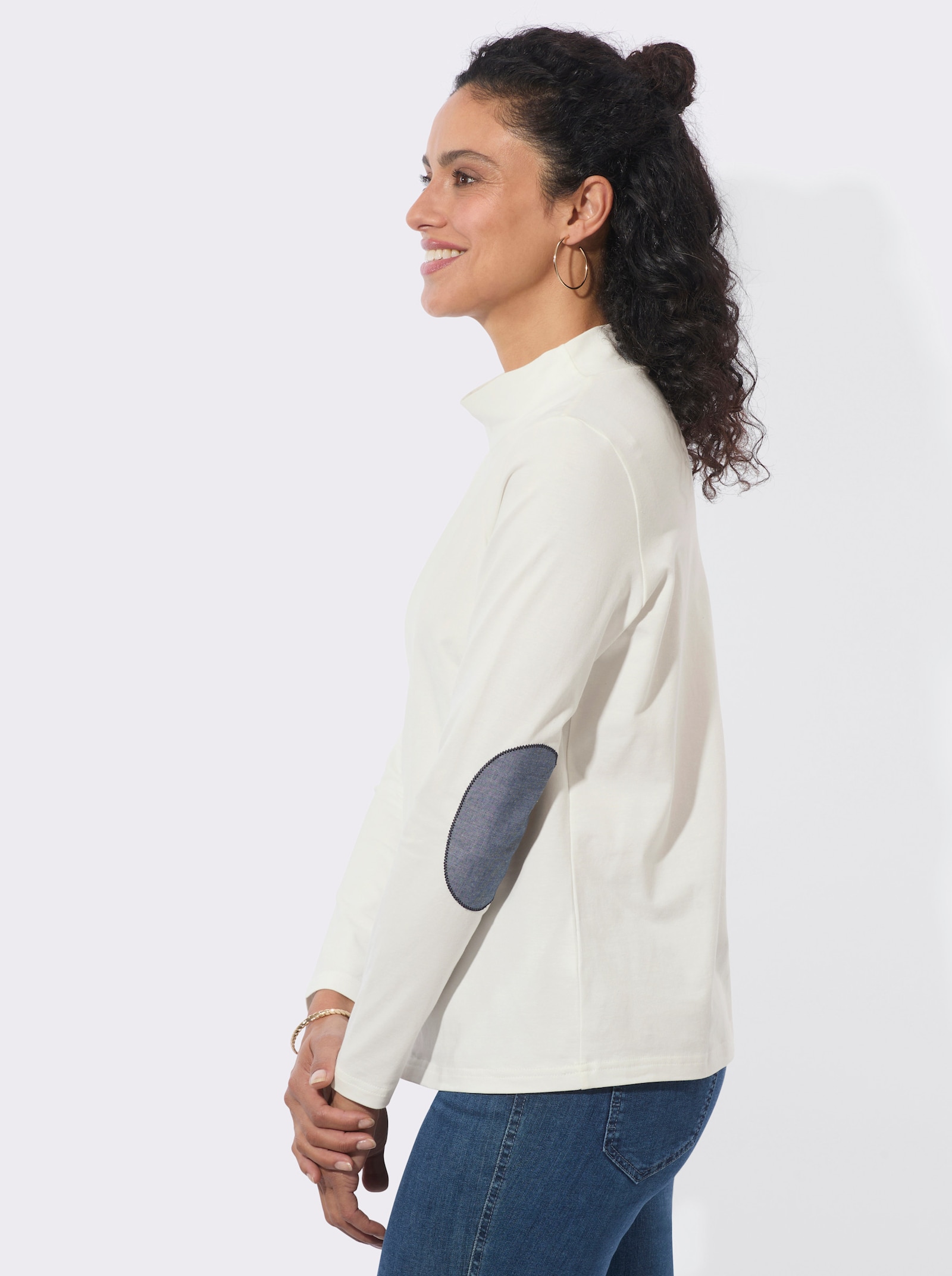 Stehkragenshirt mit Ellbogen-Patches in Jeans-Optik - ecru