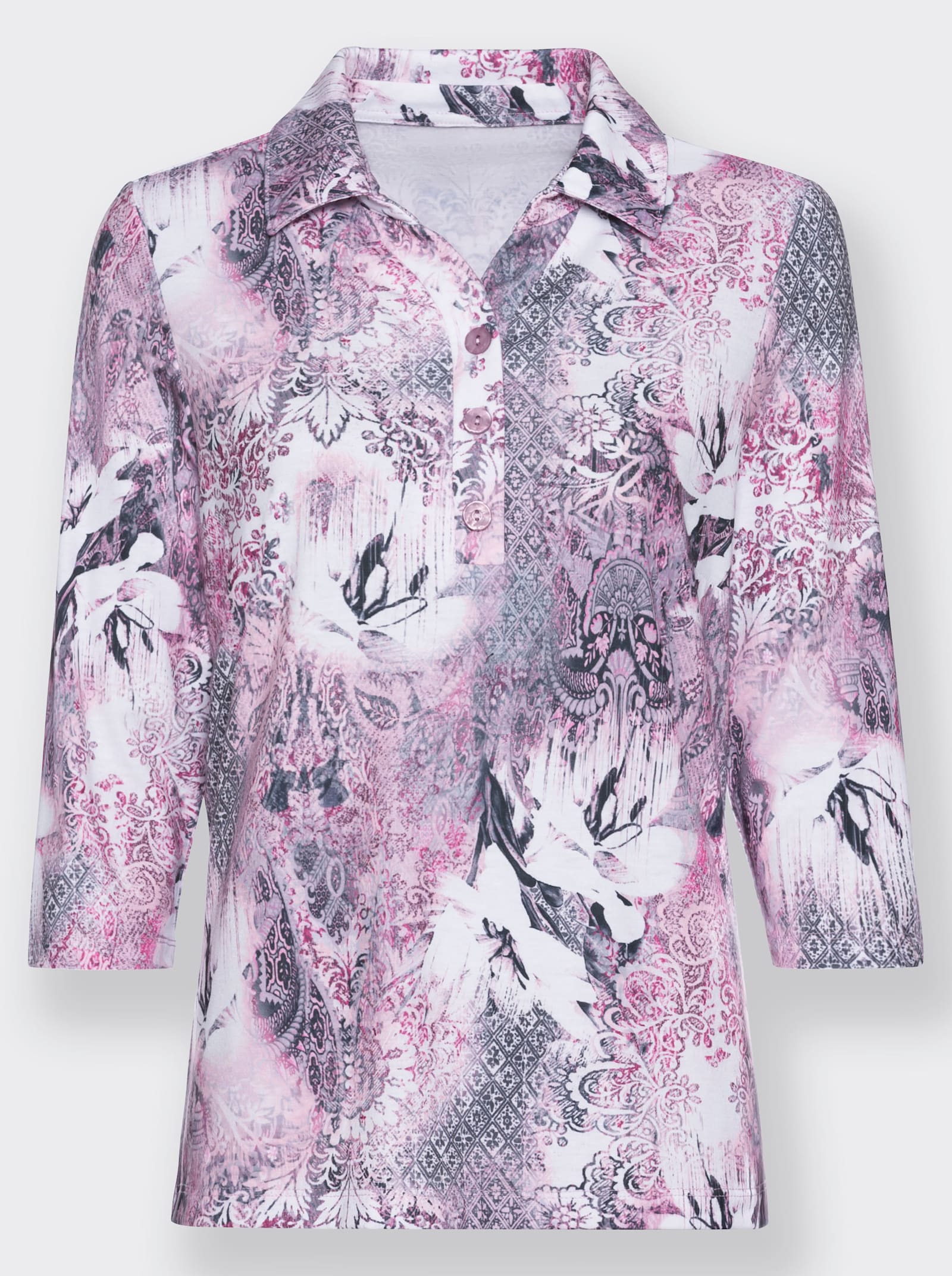 Poloshirt mit 3/4-Ärmeln - mauve-steingrau-bedruckt