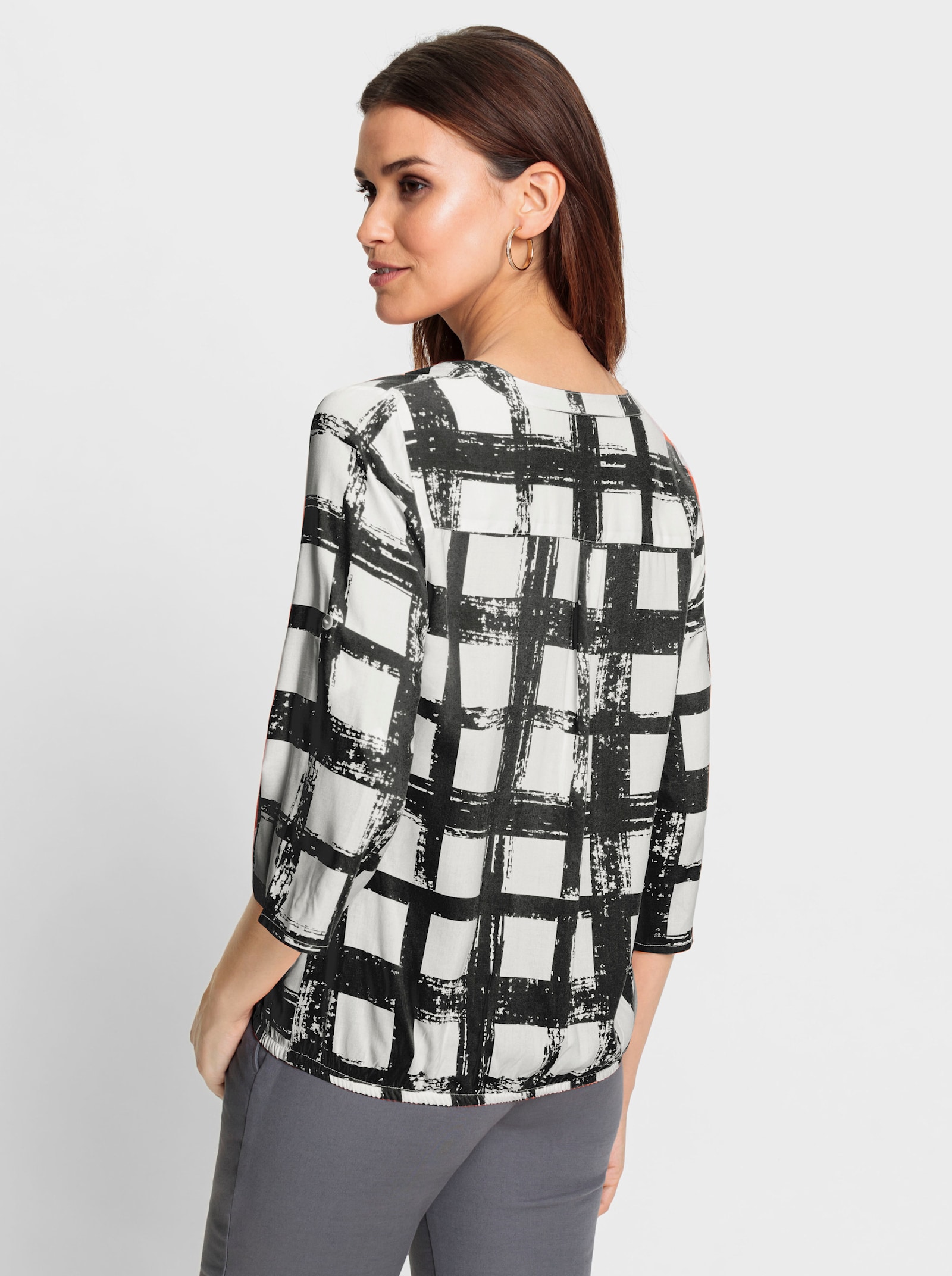 Comfortblouse met opstroopbare mouwen - zwart/wit geprint