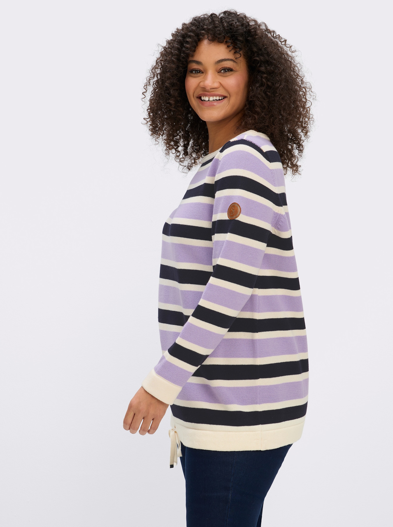 sheego Strickpullover im Colour-Blocking - lila-ecru-geringelt