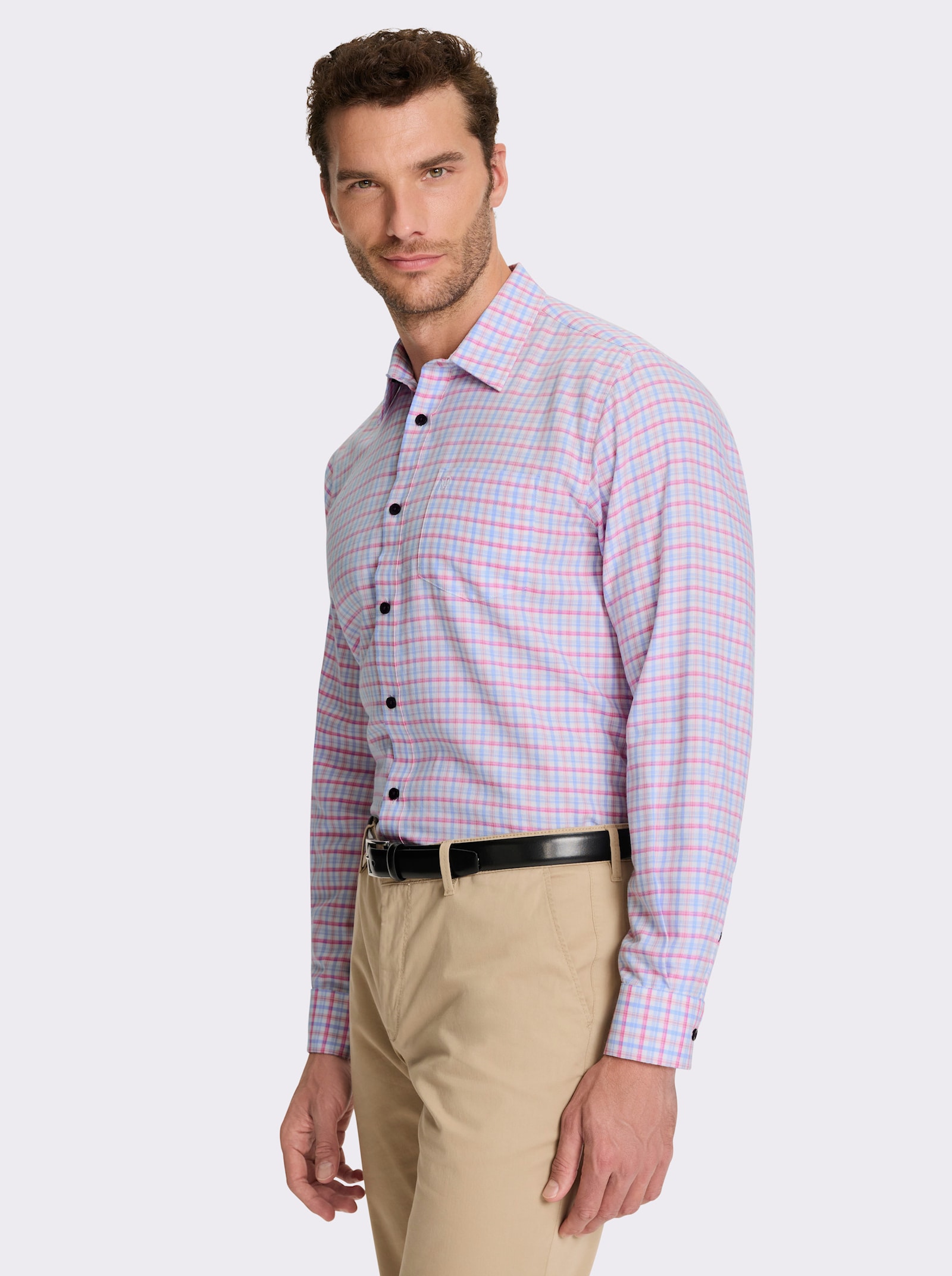 Marco Donati Langarmhemd in bügelfreier Popeline-Qualität - himmelblau-fuchsia-kariert