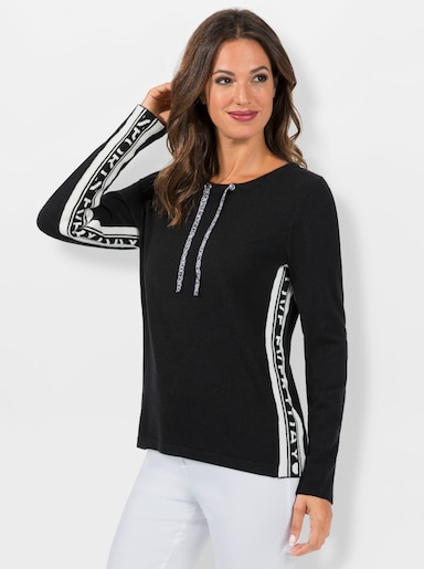Langarm-Pullover mit kontrastfarbigen Bändern, weich - schwarz-ecru-gemustert