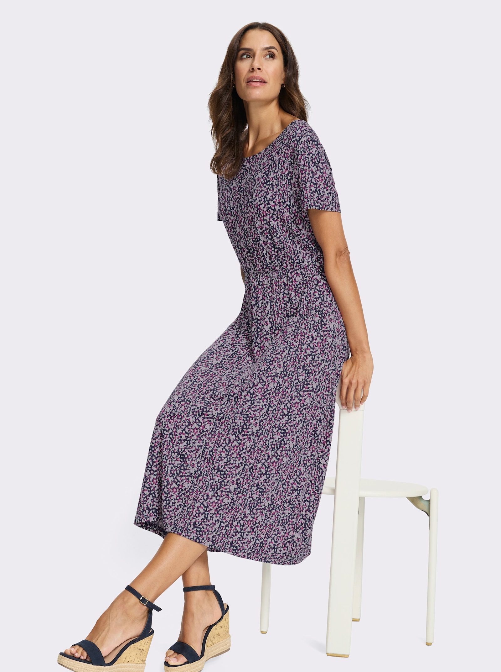 Jerseyjurk met taille-elastiek - marine/orchidee bedrukt