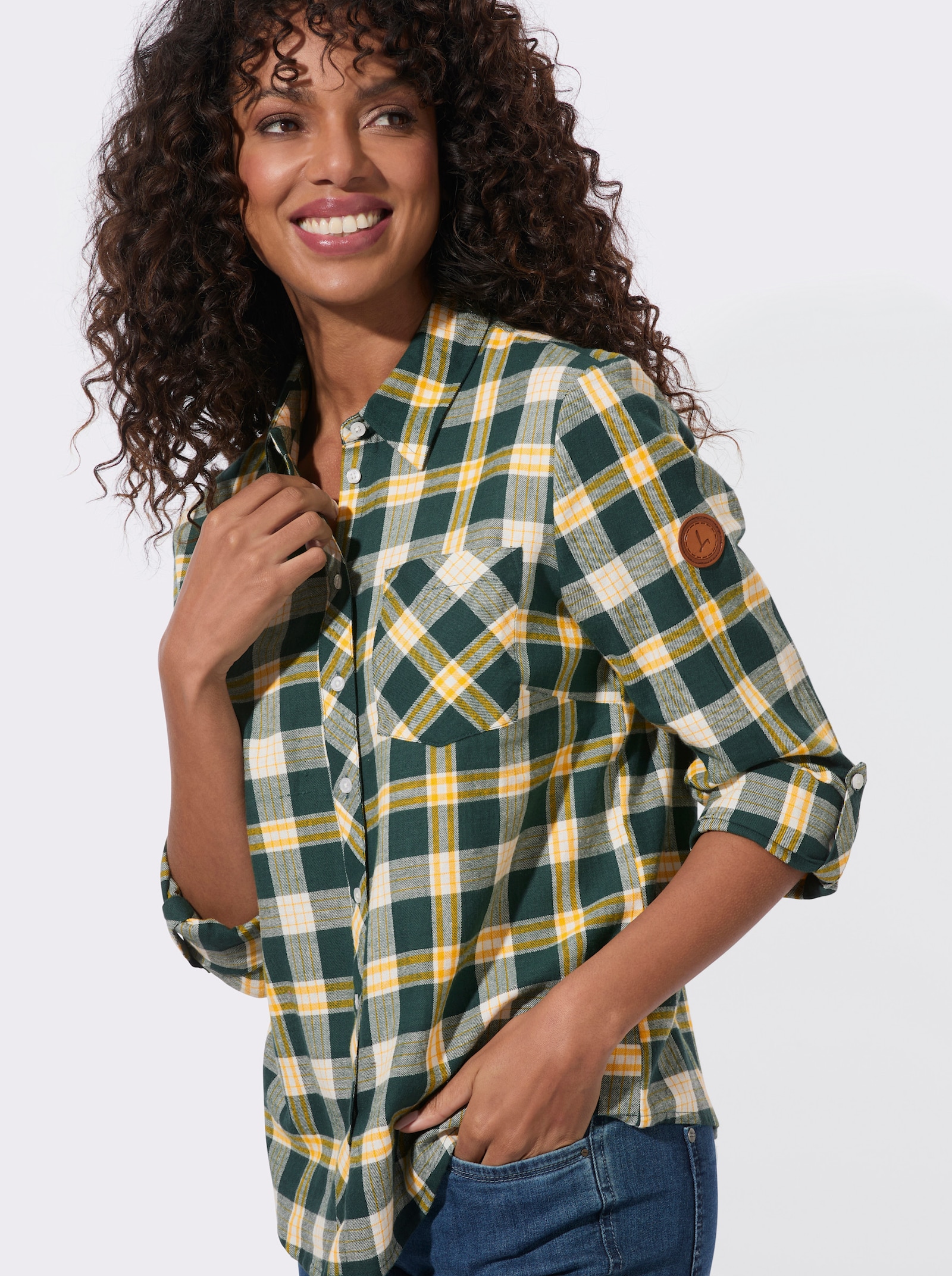  Flanellbluse mit abgerundetem Saum - moos-ecru-kariert