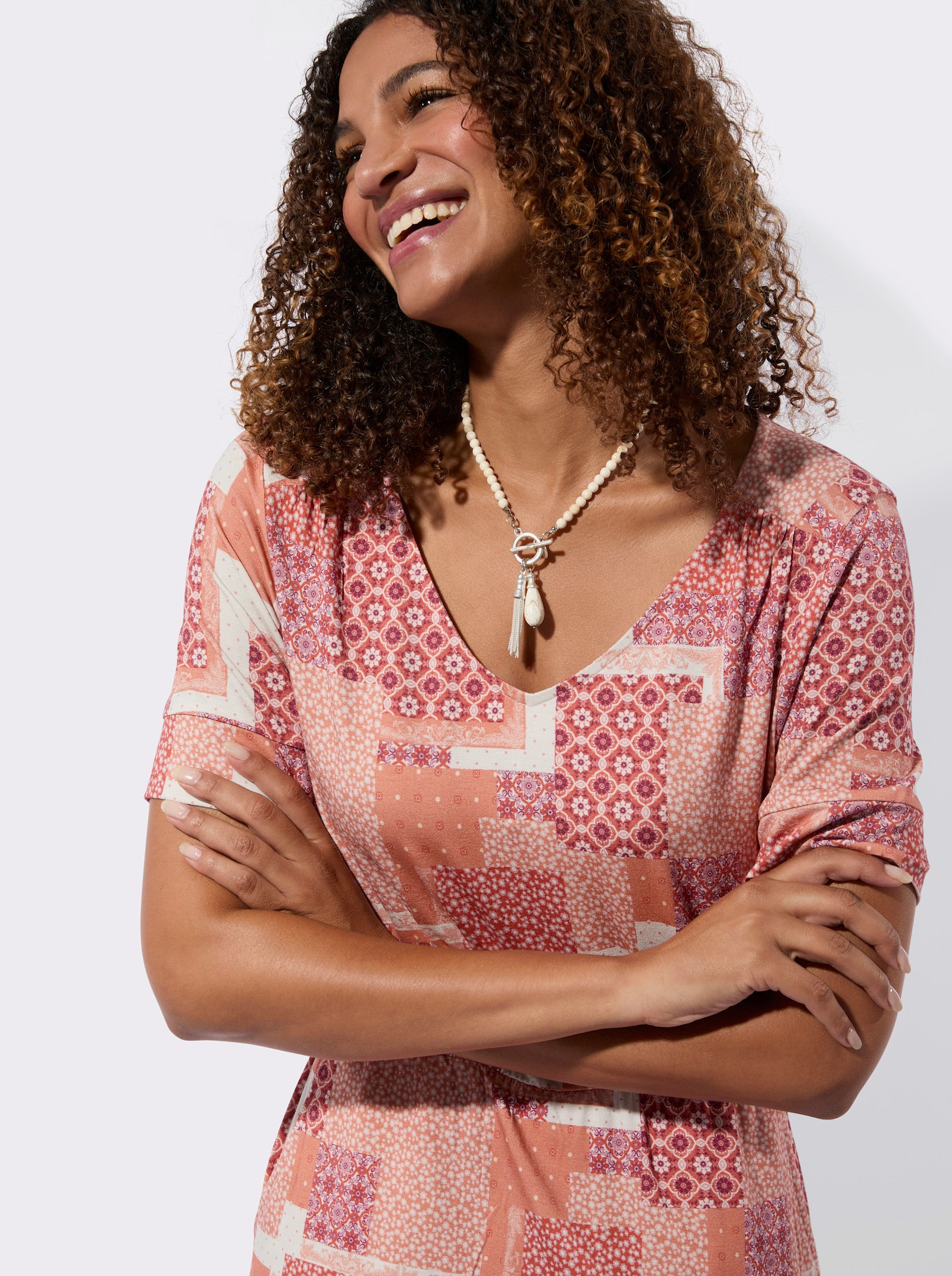 Jerseykleid mit Taillennaht - champagner-papaya-bedruckt