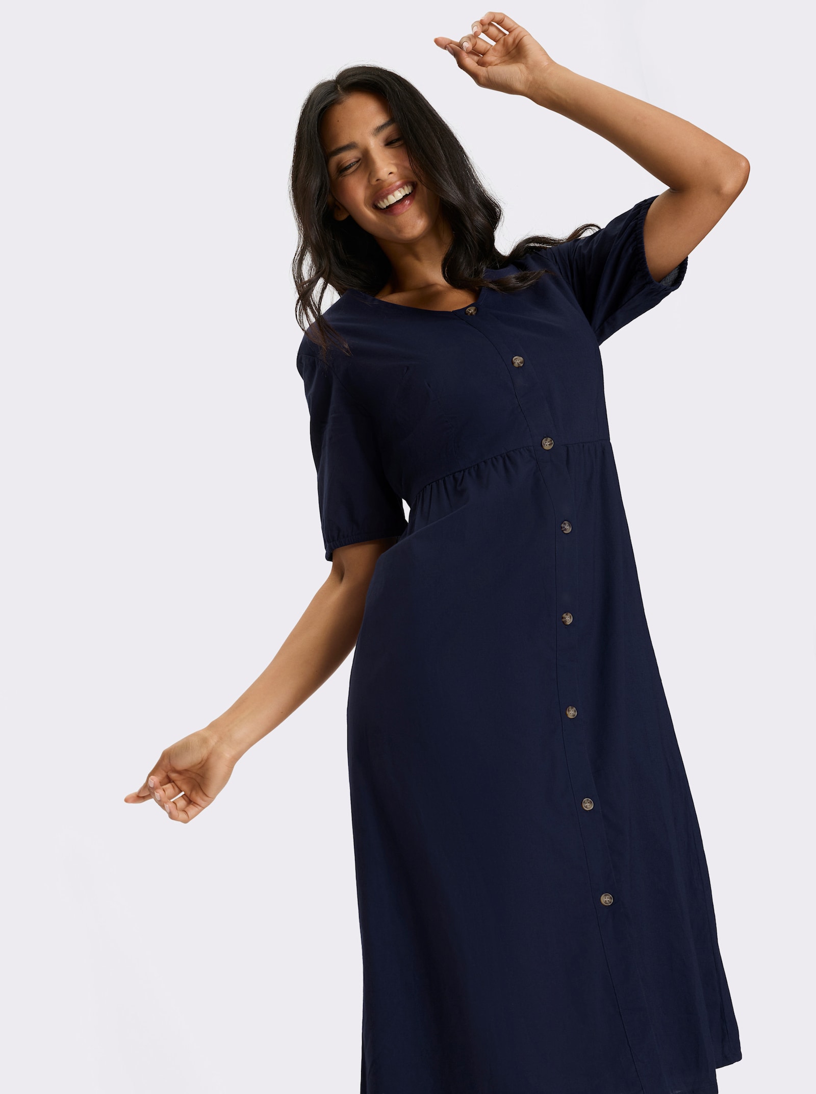 Katoenen jurk met doorknoopsluiting - donkerblauw