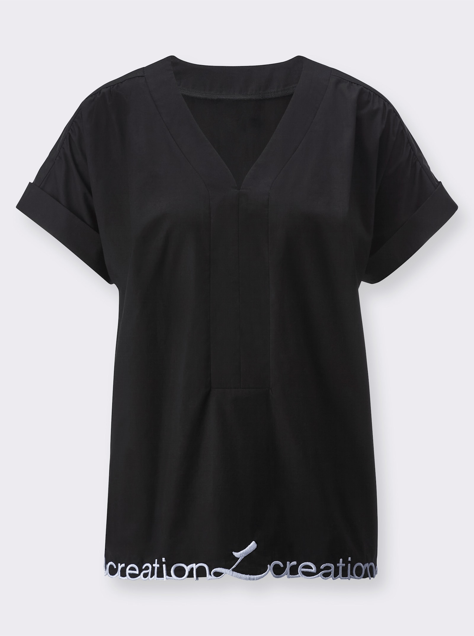 Baumwollbluse mit gesticktem Schriftzug - schwarz