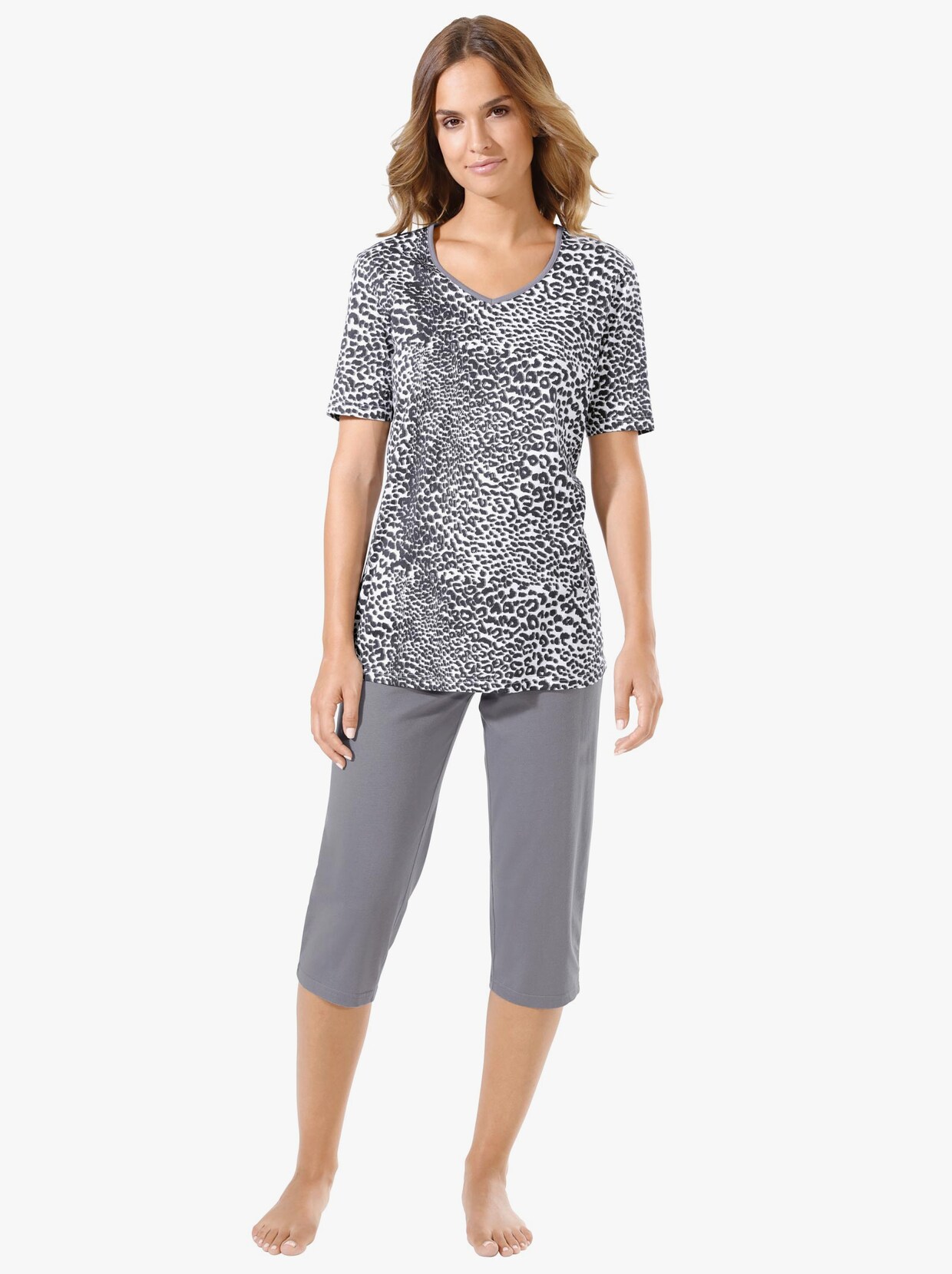 Capri-pyjama - wit/grijs bedrukt