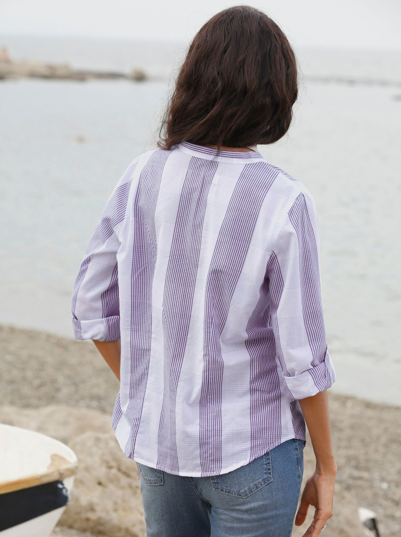 Baumwollbluse mit Stehkragen, kariert - lavendel-weiß-kariert