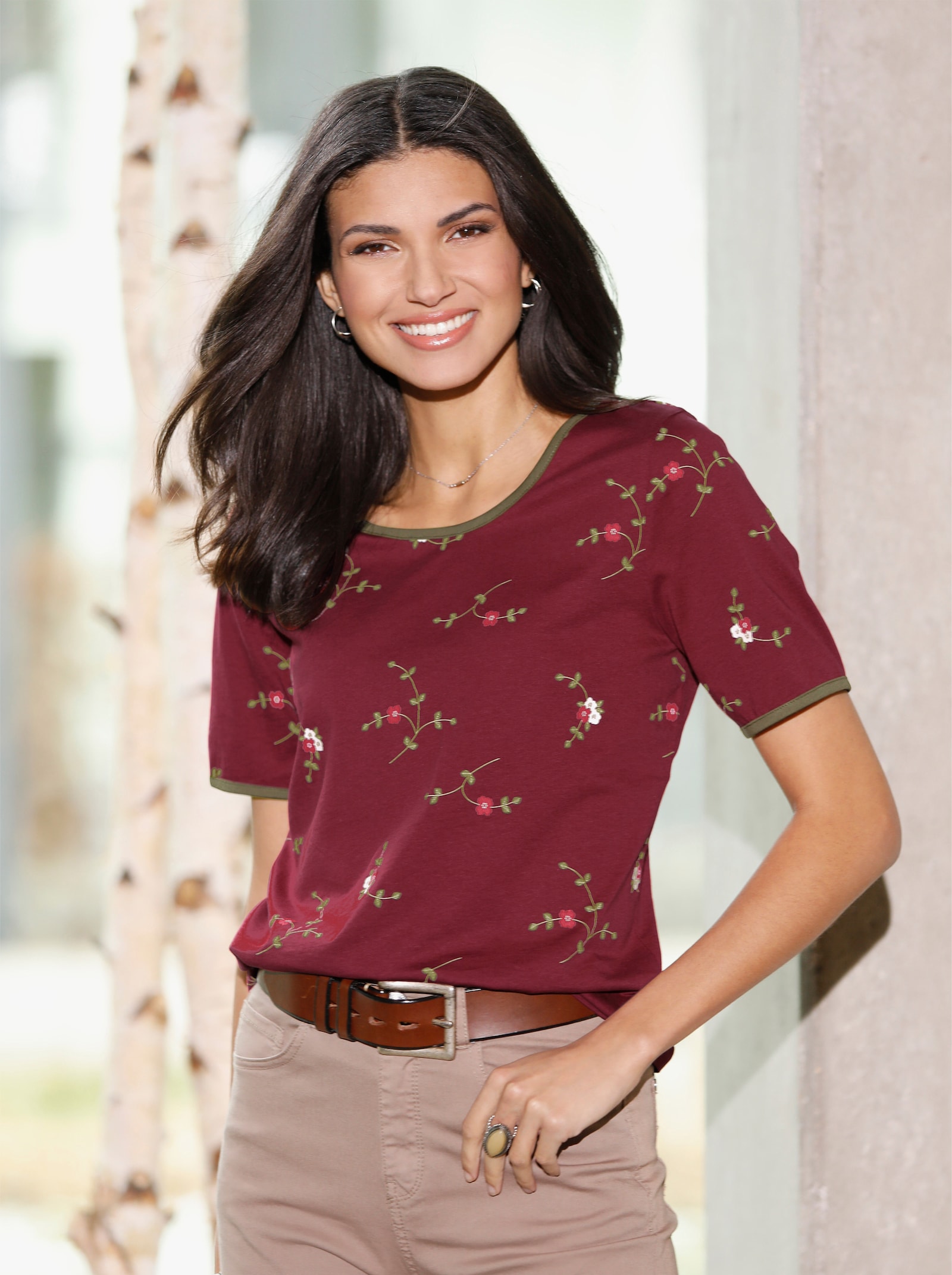 Shirt met korte mouwen en contrastpaspels - donkerrood