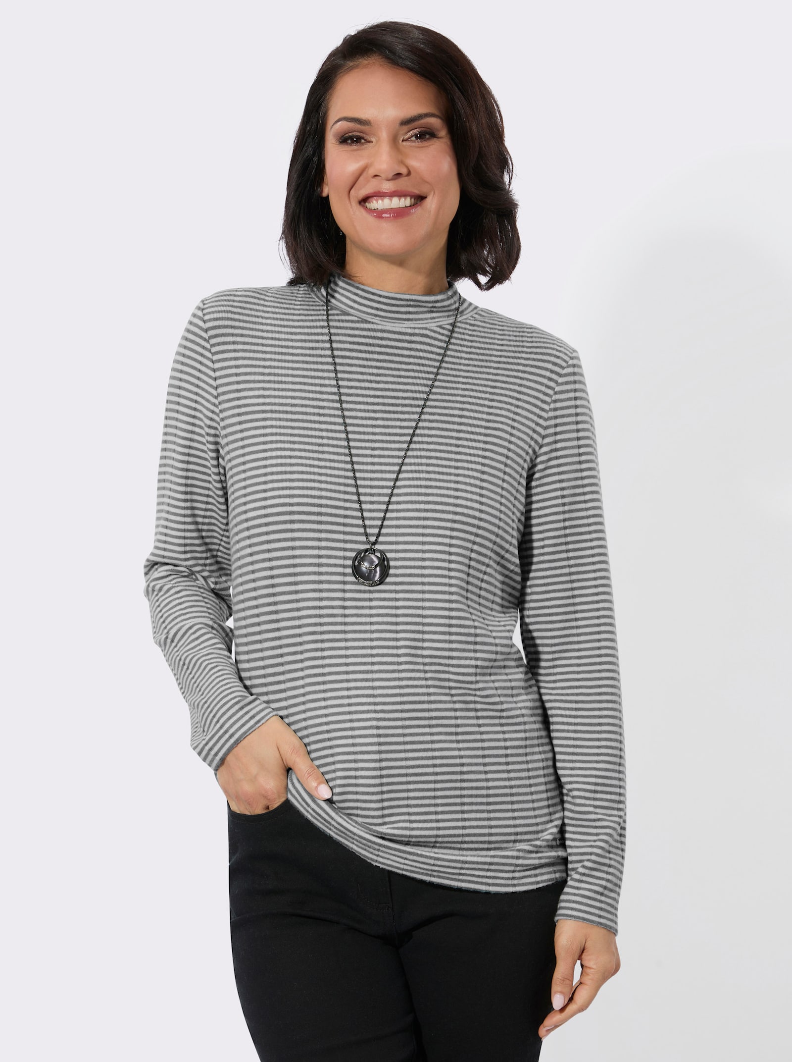 Langarmshirt mit Stehkragen - grau-ecru-geringelt