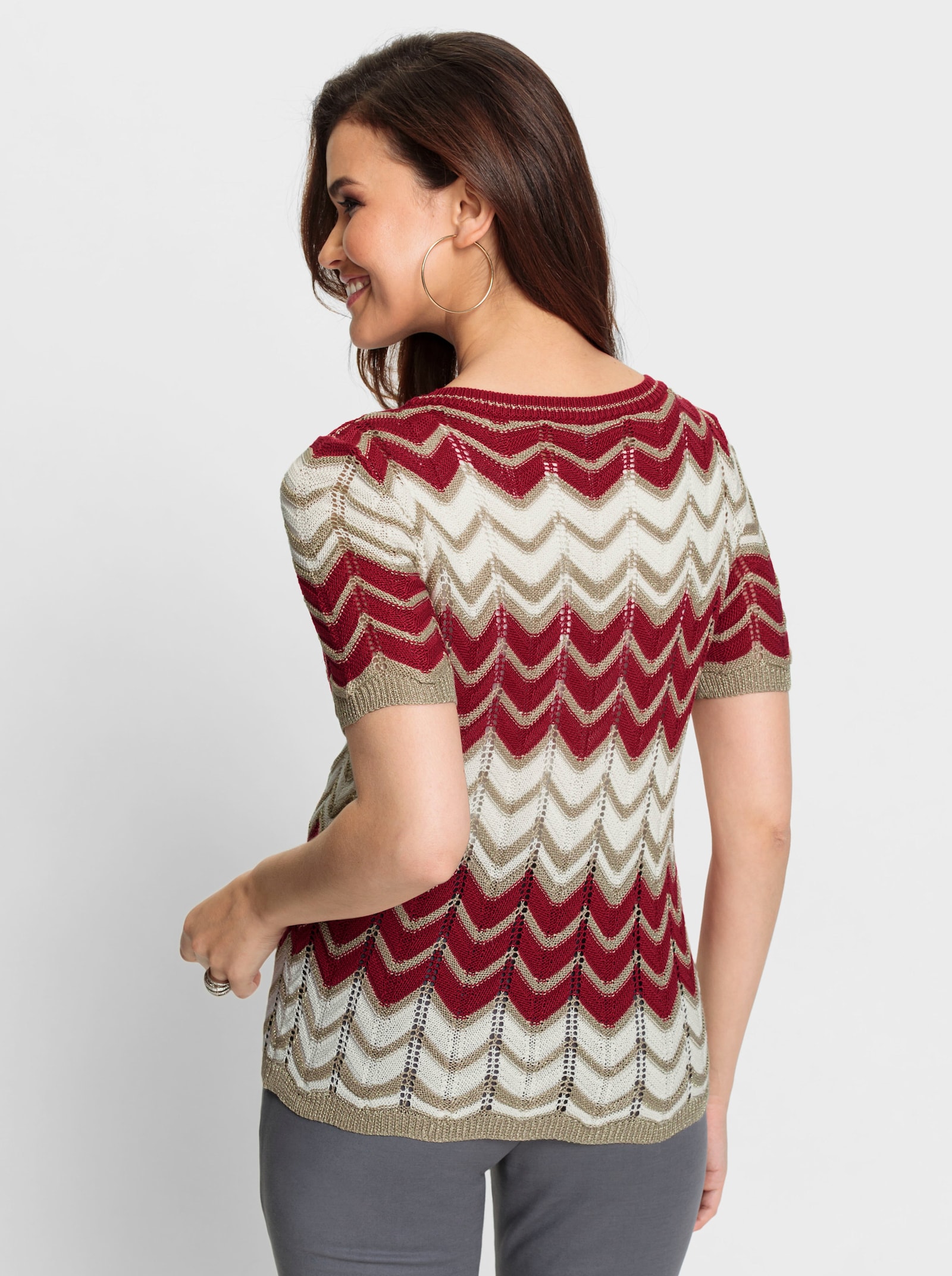 Ajourpullover mit Glanzgarn - rot-ecru-gemustert