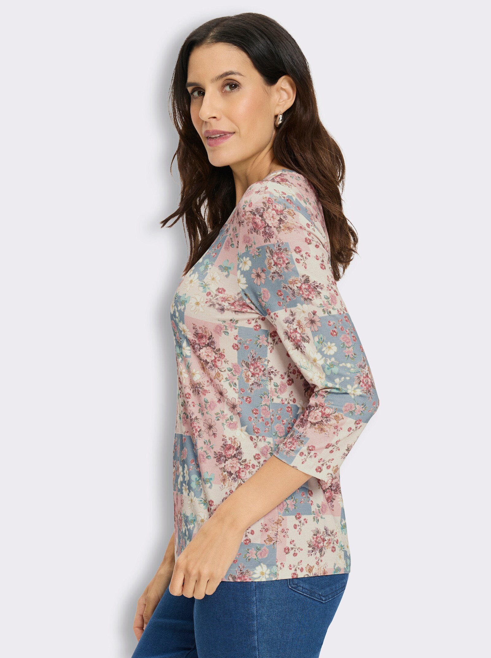 3/4-Arm-Shirt mit Blütendruck in Patch-Optik - champagner-bedruckt