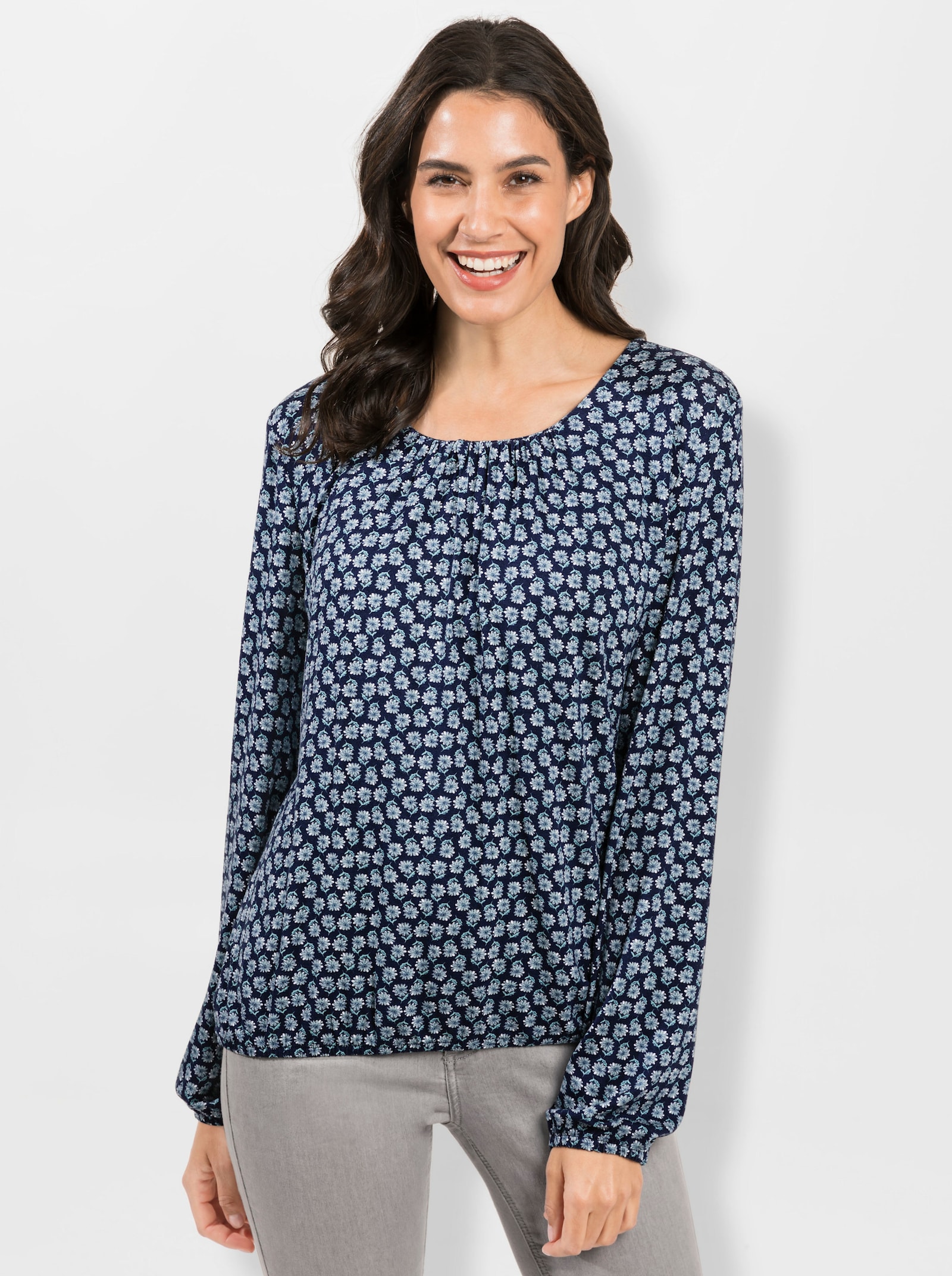 Shirt met print en met elastiek in mouwen en zoom - nachtblauw/salie bedrukt