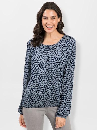 Print-Shirt mit Gummizug an Ärmeln und Saum - nachtblau-salbei-bedruckt