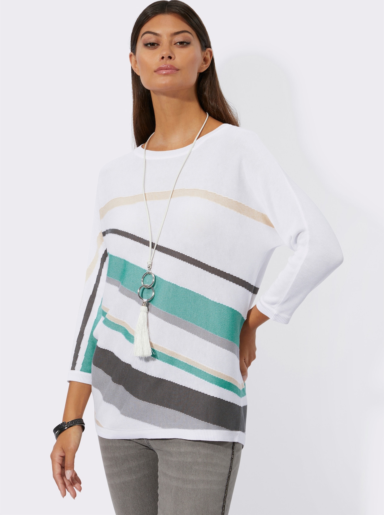 Pull à manches 3/4 - couleur ivoire-sauge imprimé
