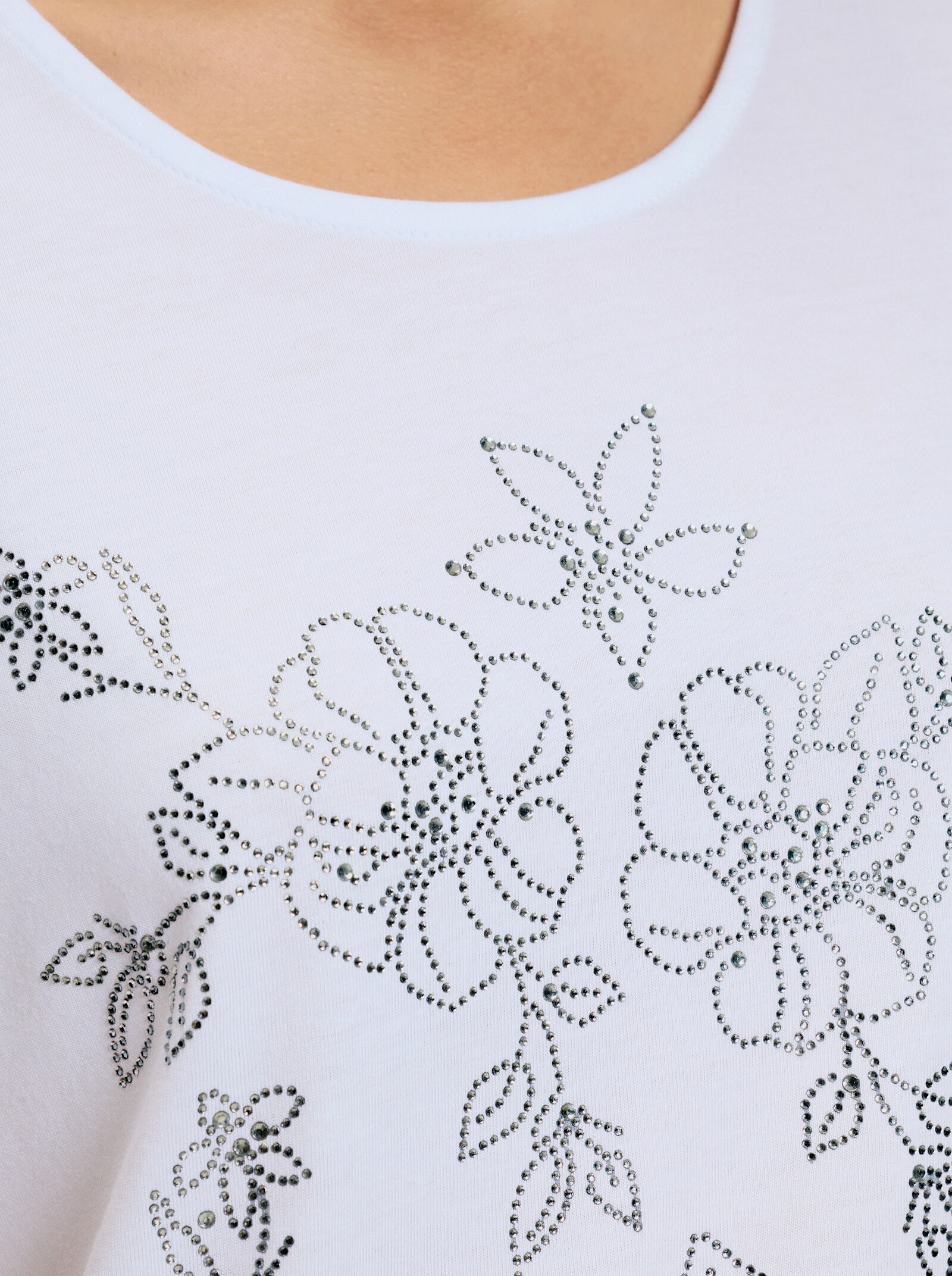 Rundhalsshirt mit Glitzersteinchen-Blüten - weiß