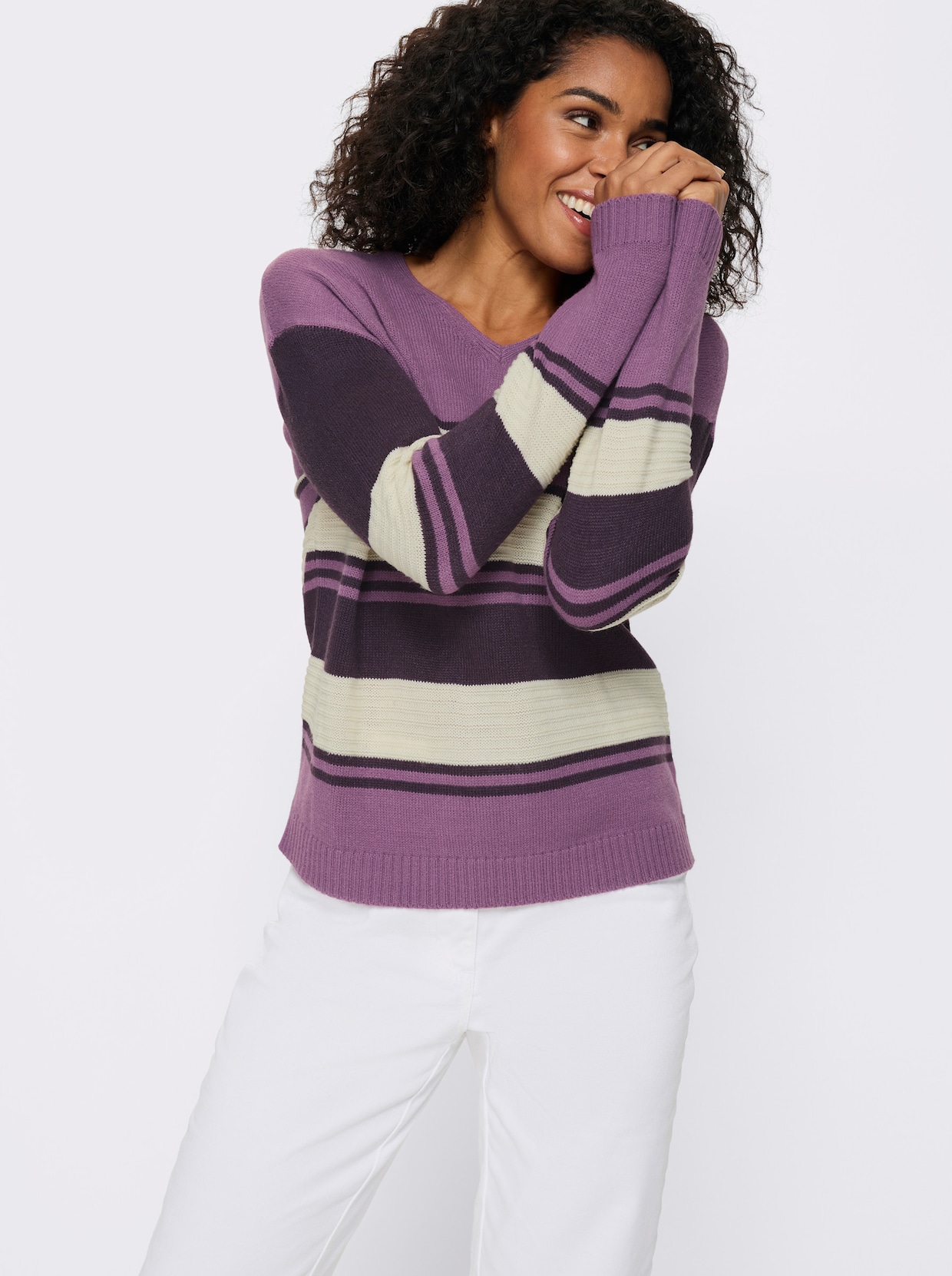 Pullover met lange mouwen en een geplaatst streepjespatroon - paars/aubergine gedessineerd