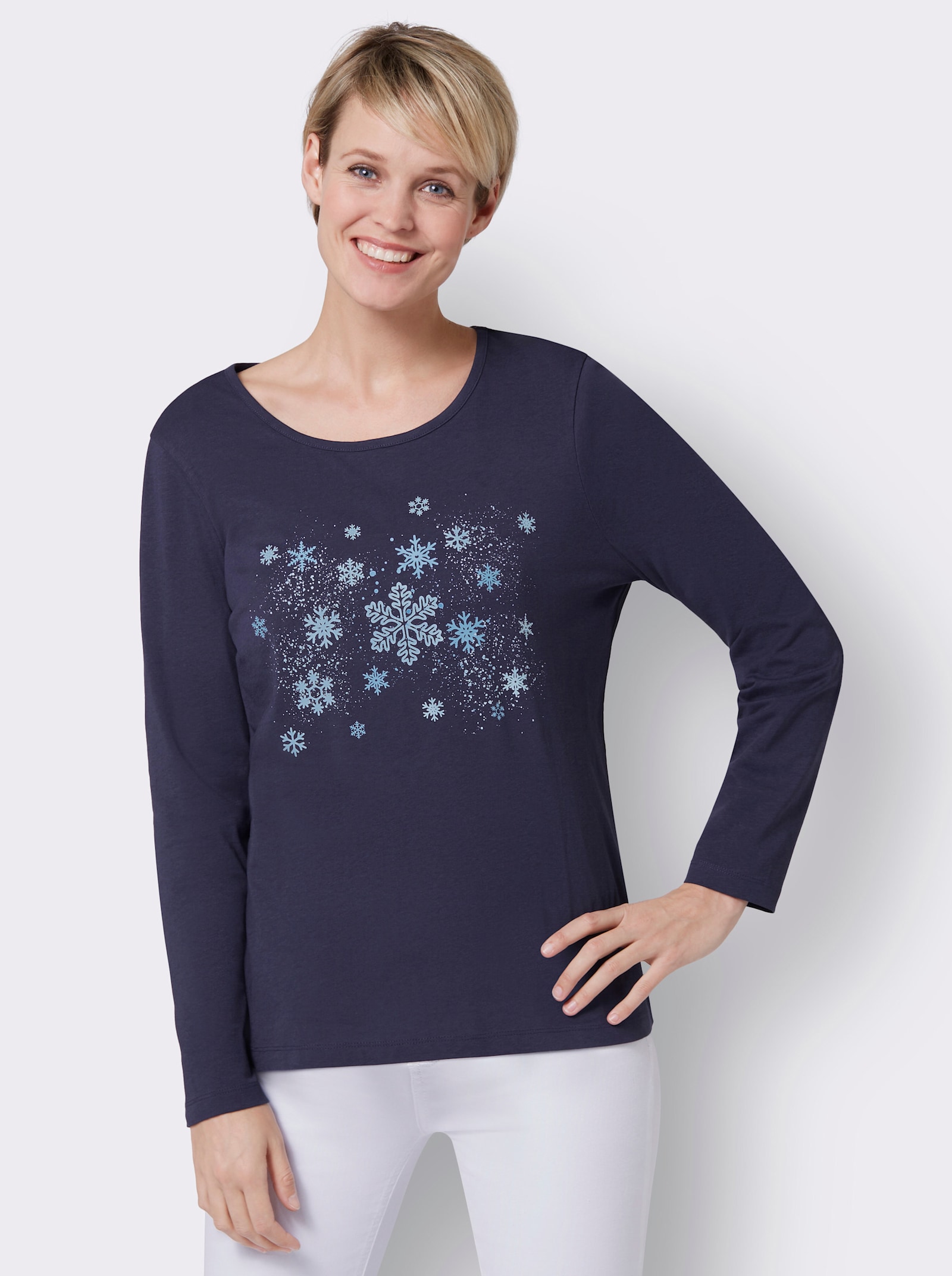 Langarmshirt mit Schneeflocken-Druck - nachtblau-eisblau