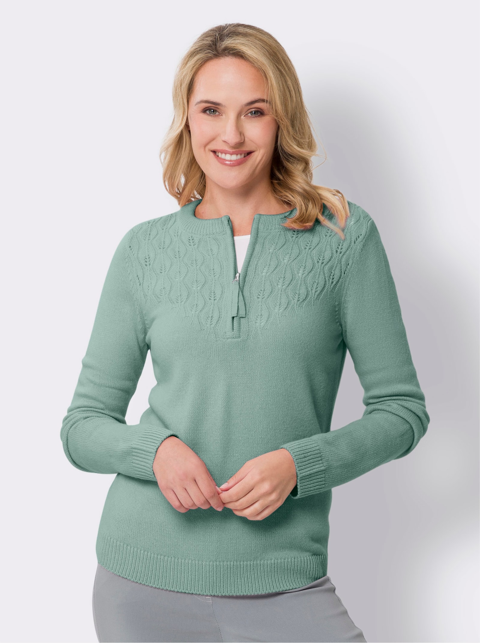 Ajourpullover mit Zipper - kalkmint