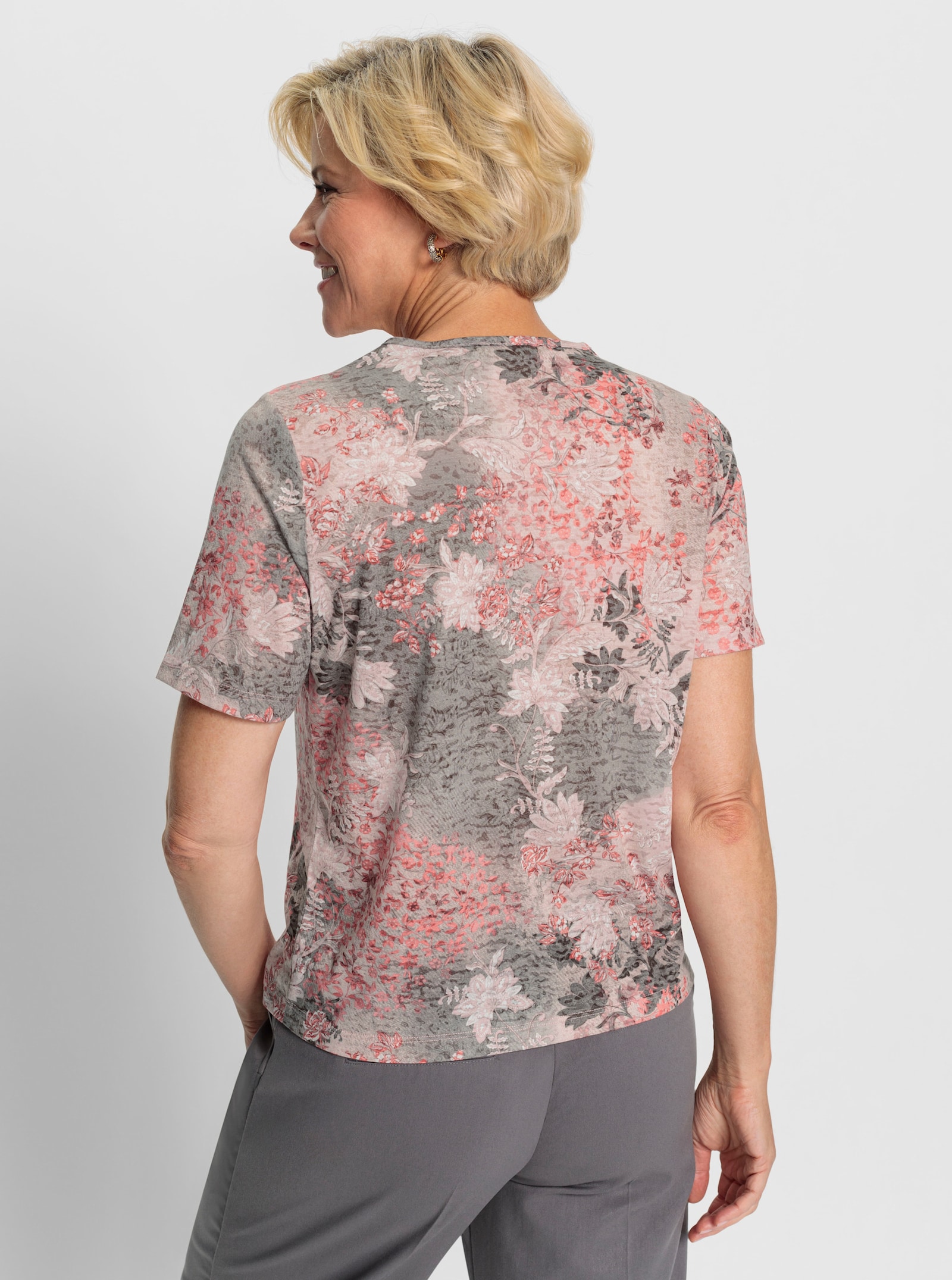 Kurzarmshirt im floralen Dessin - flamingo-grau-bedruckt