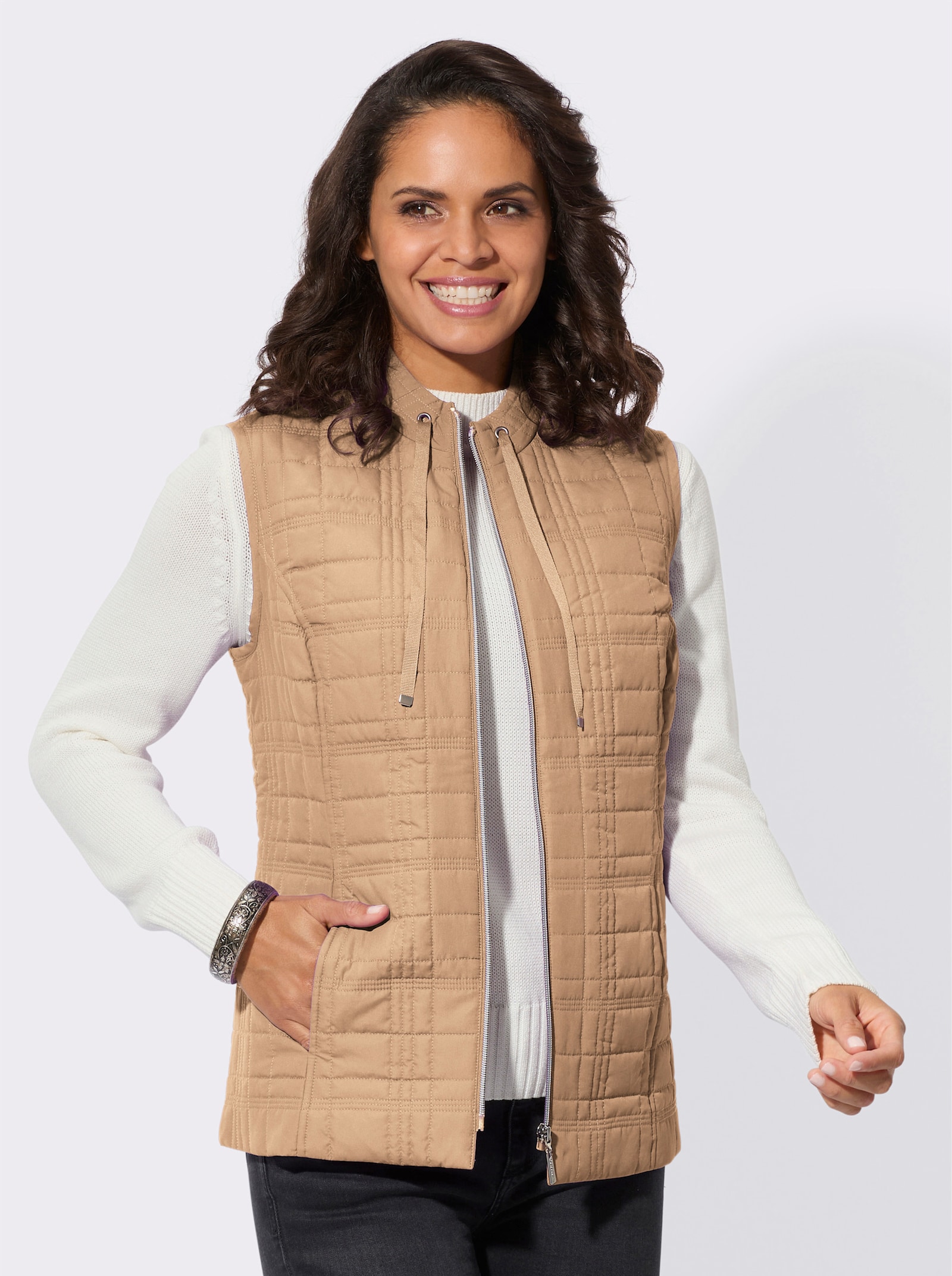 Weste im Karo-Steppmuster - camel