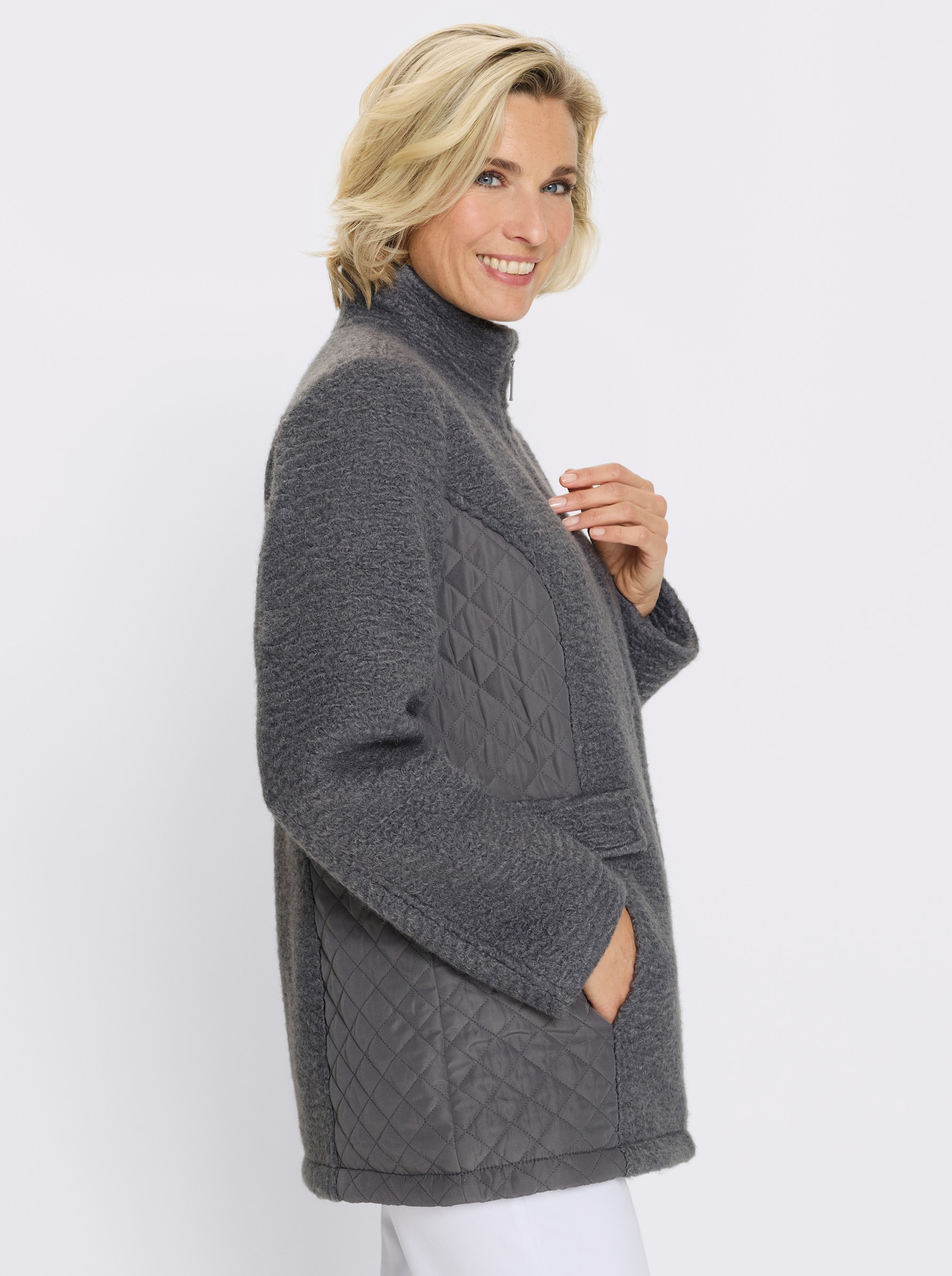 Boucléjacke mit gesteppten Einsätzen - anthrazit