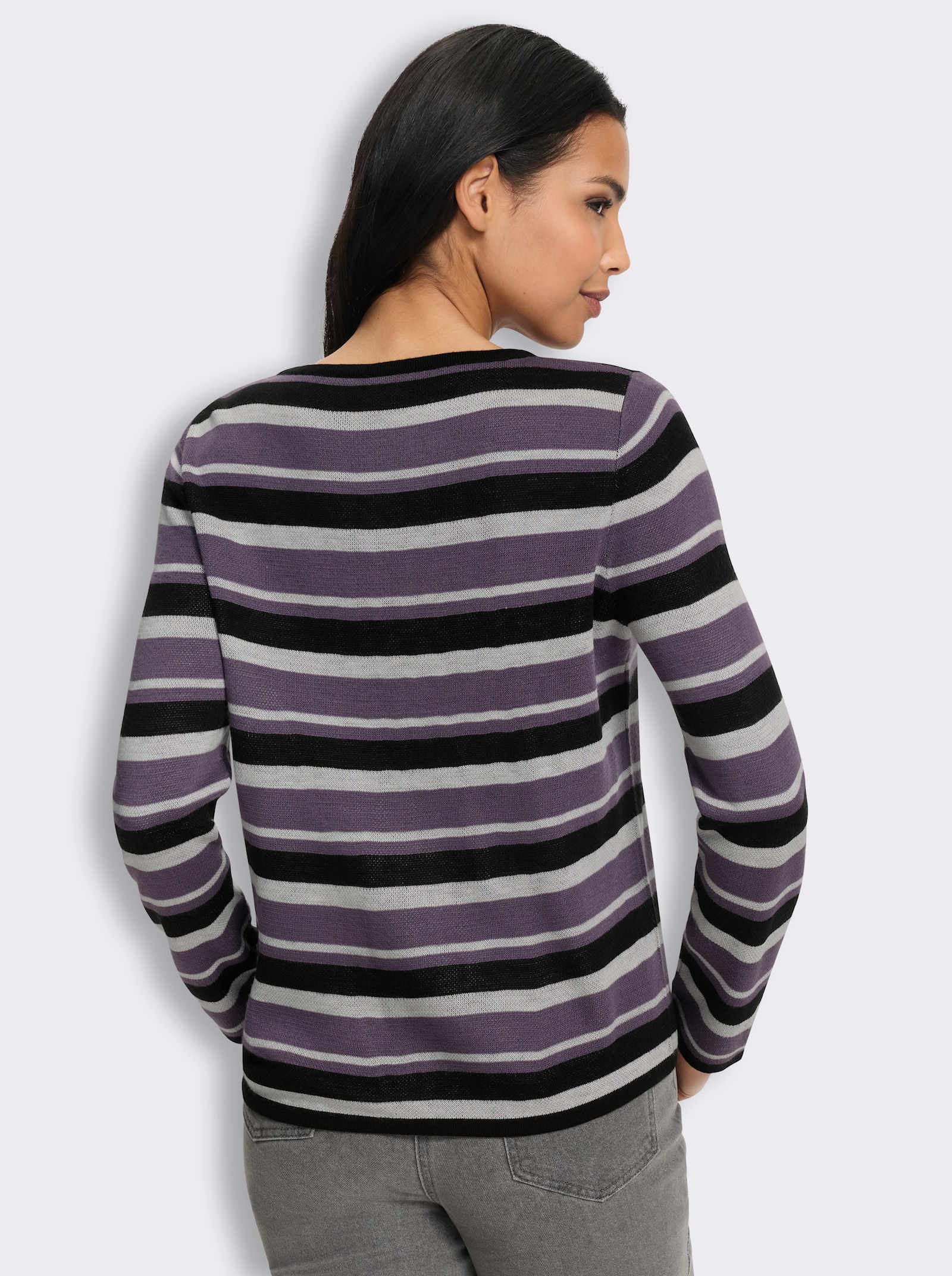 Jacquard-Pullover mit Streifen und Schriftzug - schwarz-feige-gemustert
