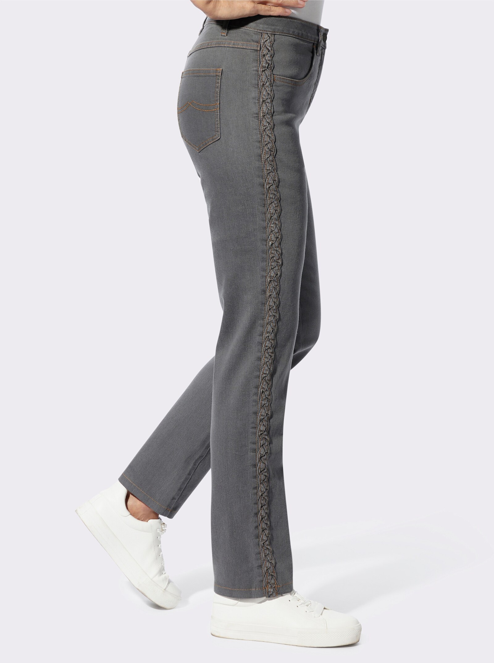 Jeans mit geflochtenem Zierband - grey denim