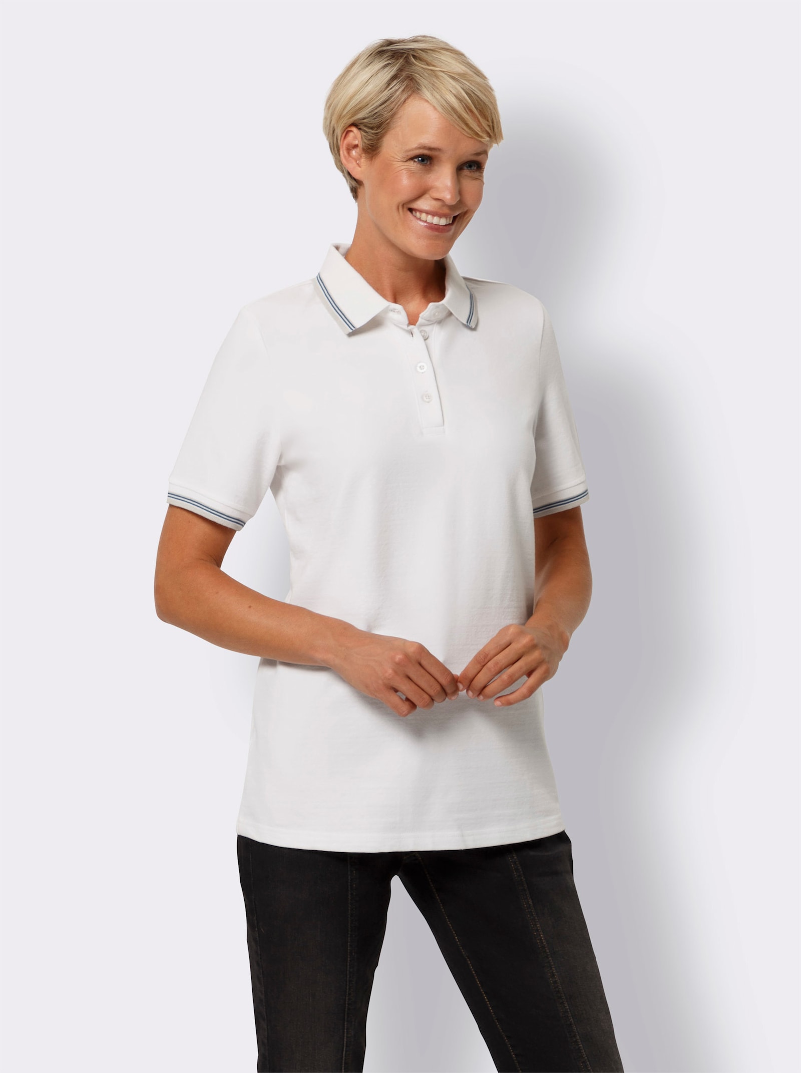 Poloshirt mit Kontrast-Streifen - weiss