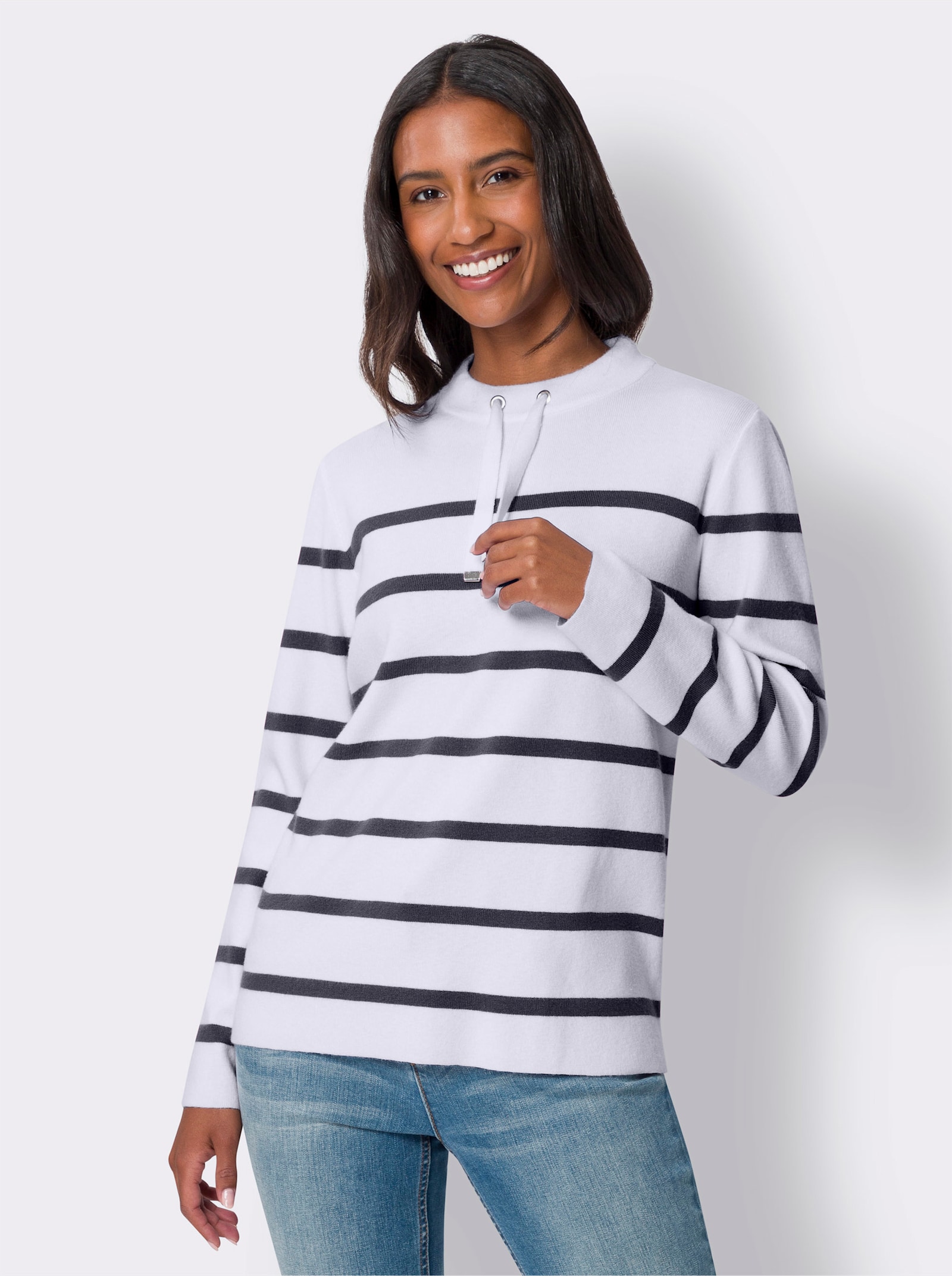 heine Gestreepte pullover met opstaande kraag - marine/wit gestreept