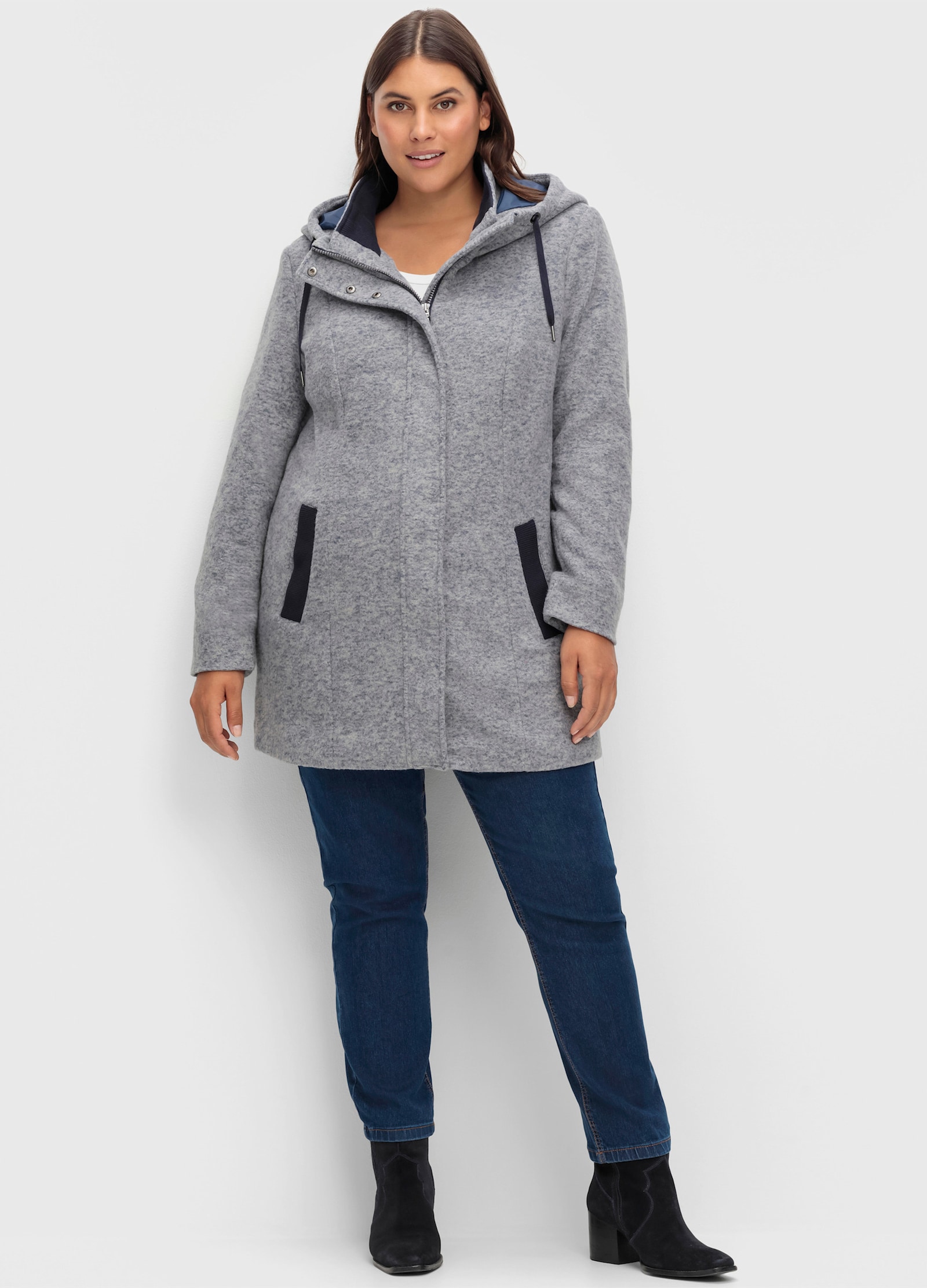 Longjacke mit weitenverstellbarer Kapuze - rauchblau-meliert