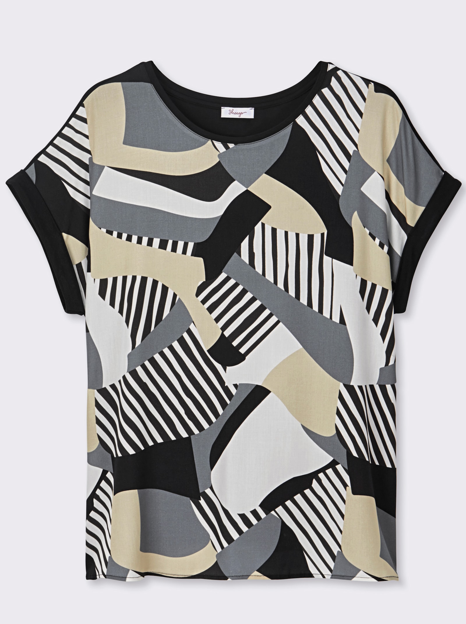 sheego Blusenshirt mit Grafikprint vorn - schwarz-grau-bedruckt