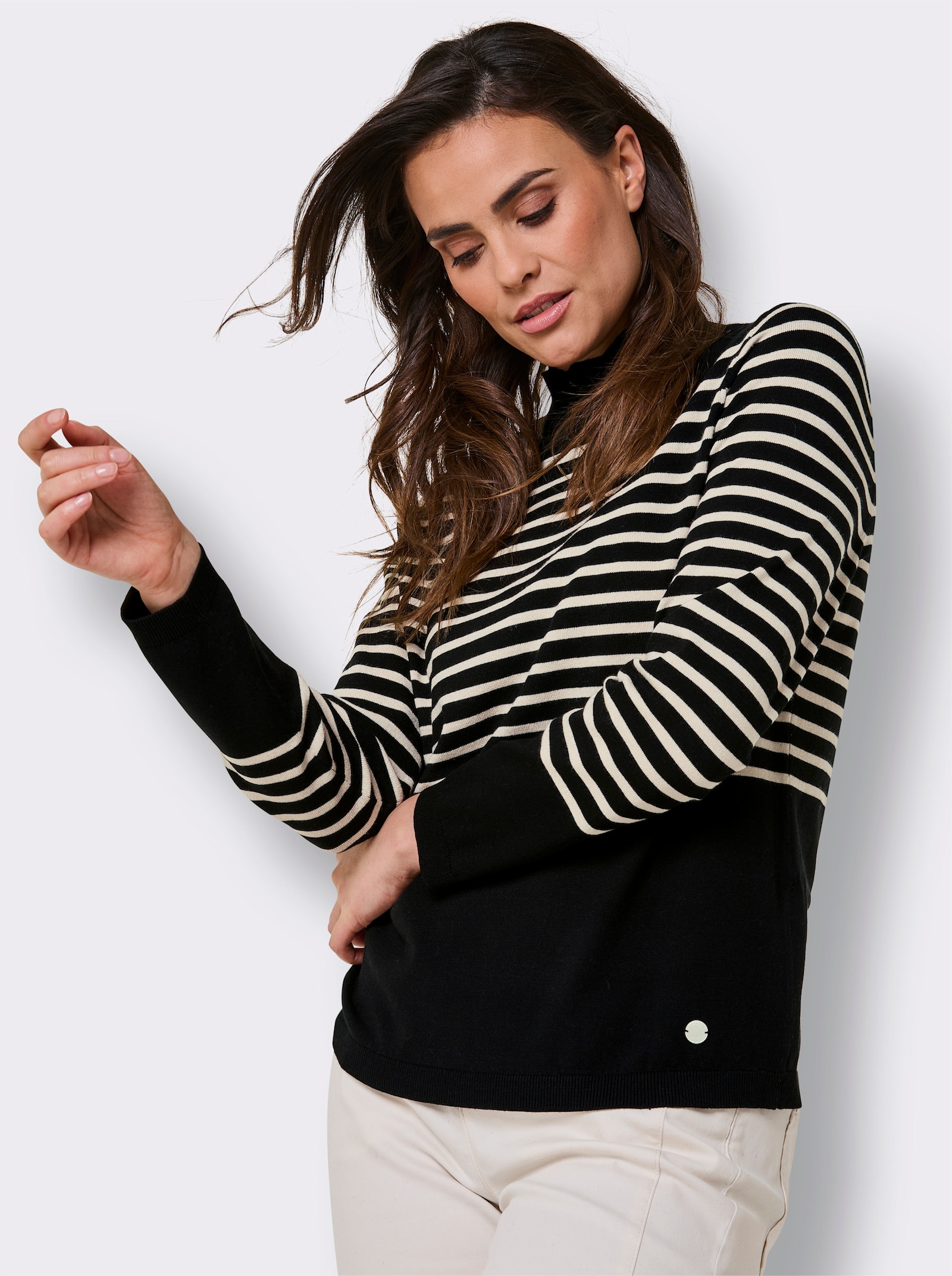 CREATION L PREMIUM Feinstrickpullover mit Wellenkante - schwarz-elfenbein-geringelt