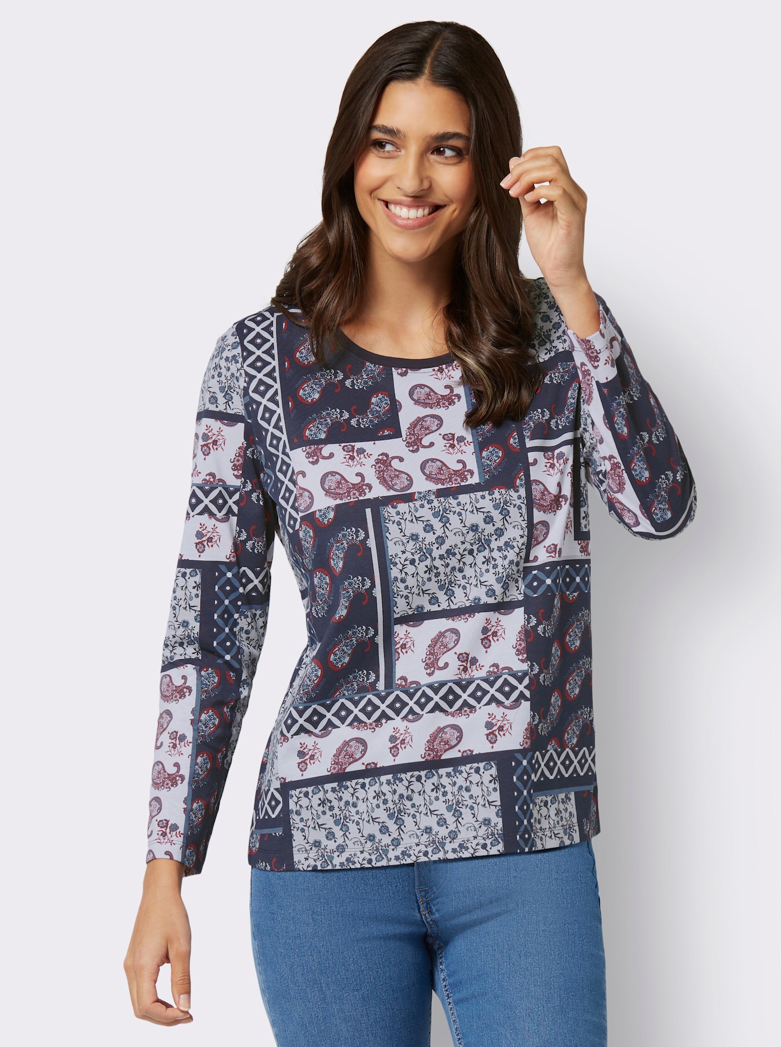 Langarmshirt im Patchwork-Druck - hellgrau-marine-bedruckt