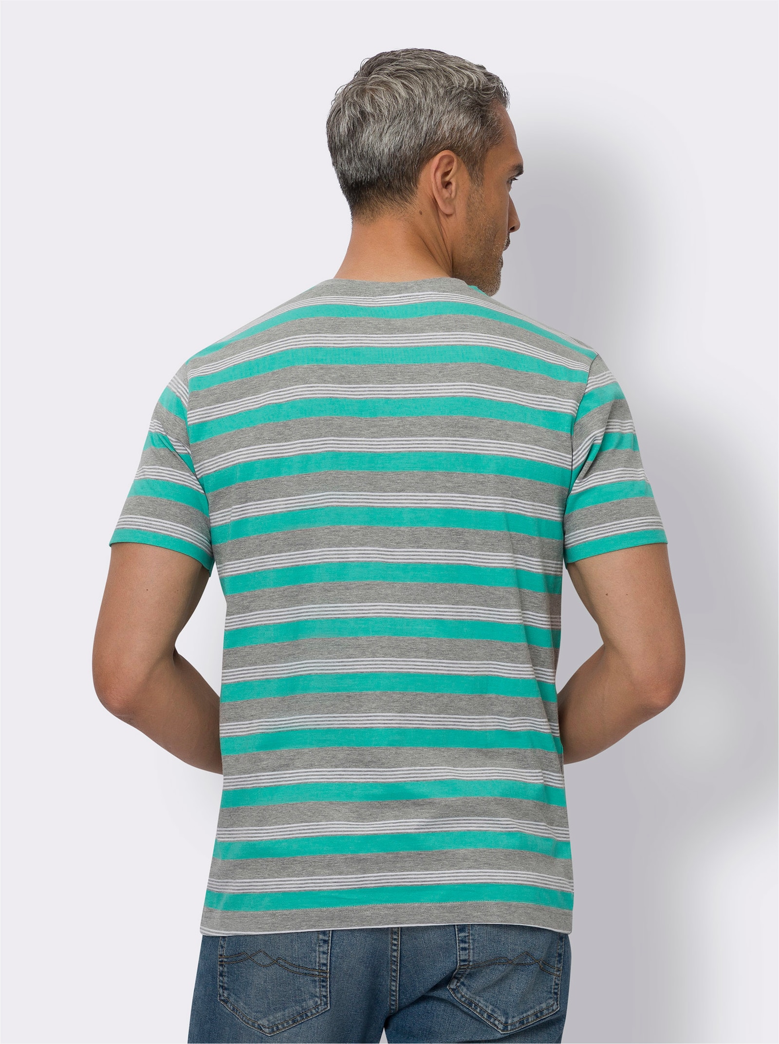 Shirt met ronde hals en in het garen geverfd streepjespatroon - grijs/blauwgroen gestreept