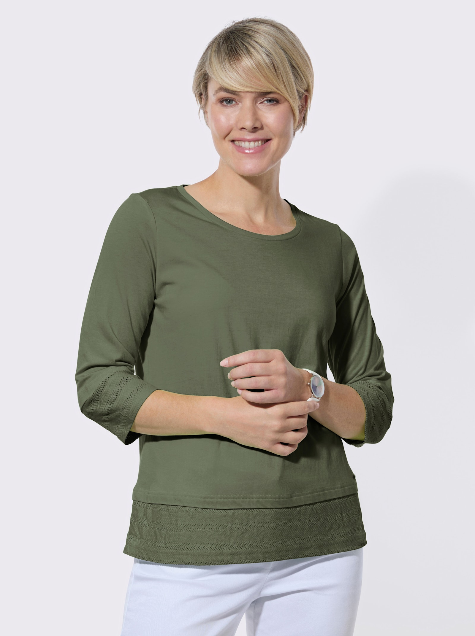 Rundhalsshirt mit Netzeinsätzen - khaki