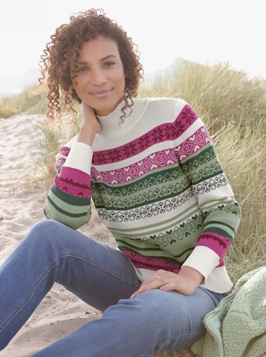 Stehkragenpullover in Norweger-Optik - eucalyptus-bordeaux-gemustert