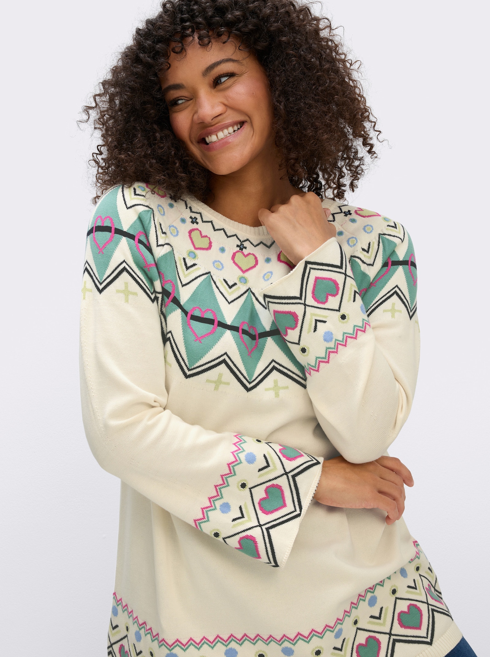 sheego Norwegerpullover mit Trompetenärmeln - champagner-salbei-gemustert