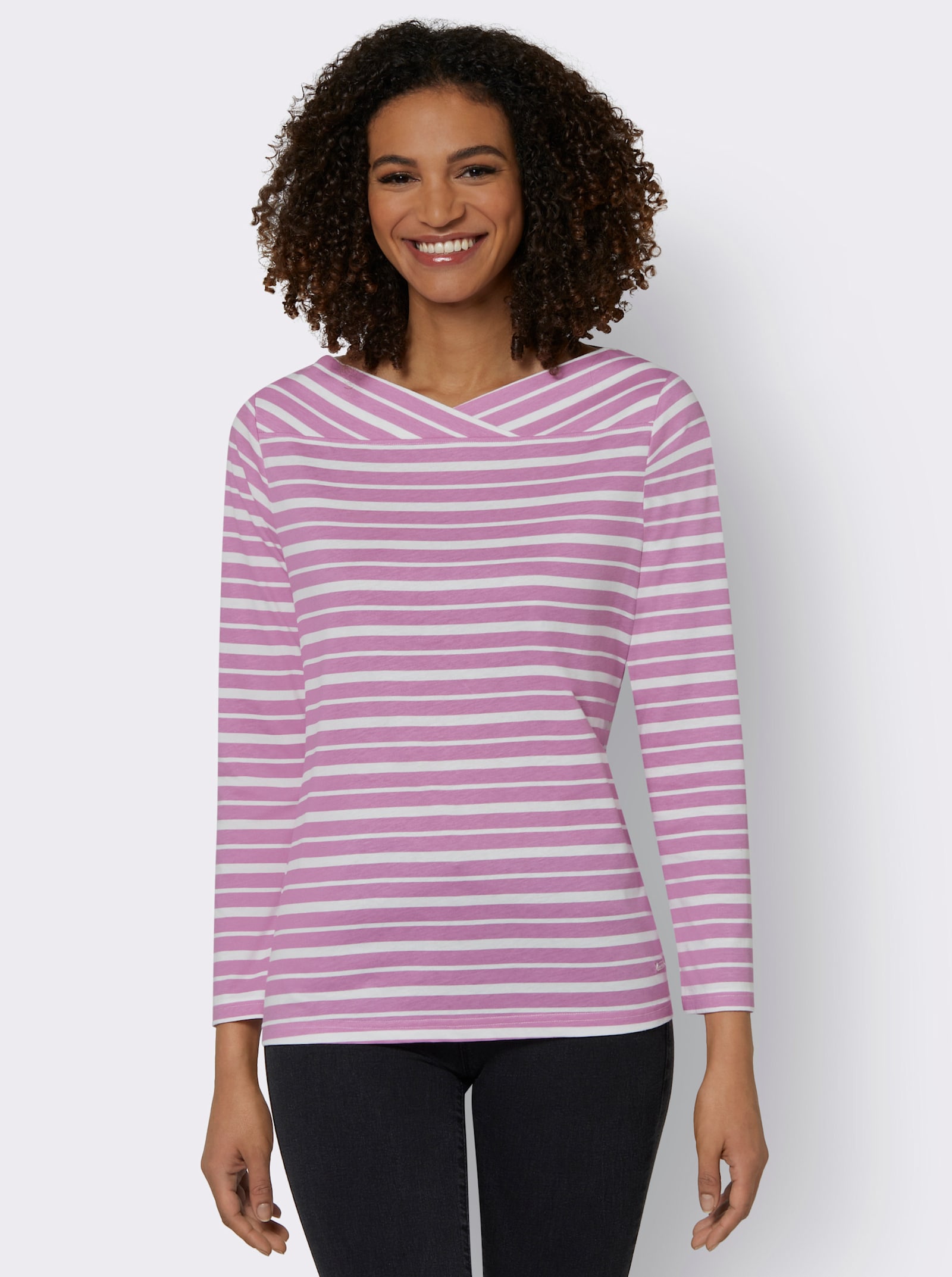 Gestreept shirt met overlappende hals - orchidee/champagne gestreept