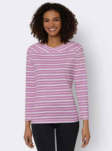 Streifenshirt mit überlappendem Ausschnitt - orchidee-champagner-geringelt