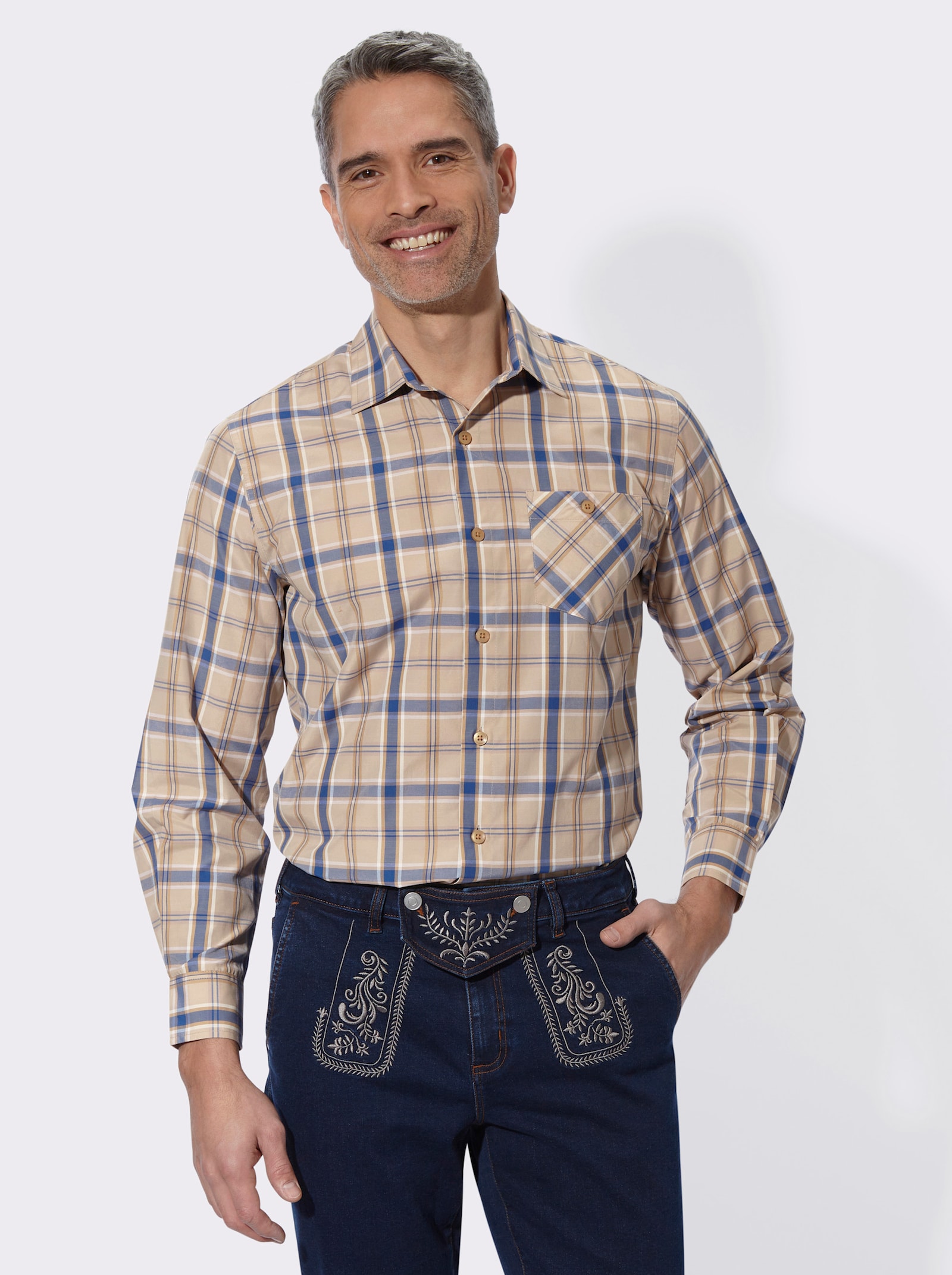 Karohemd in Baumwoll-Mischung - beige-jeansblau-kariert