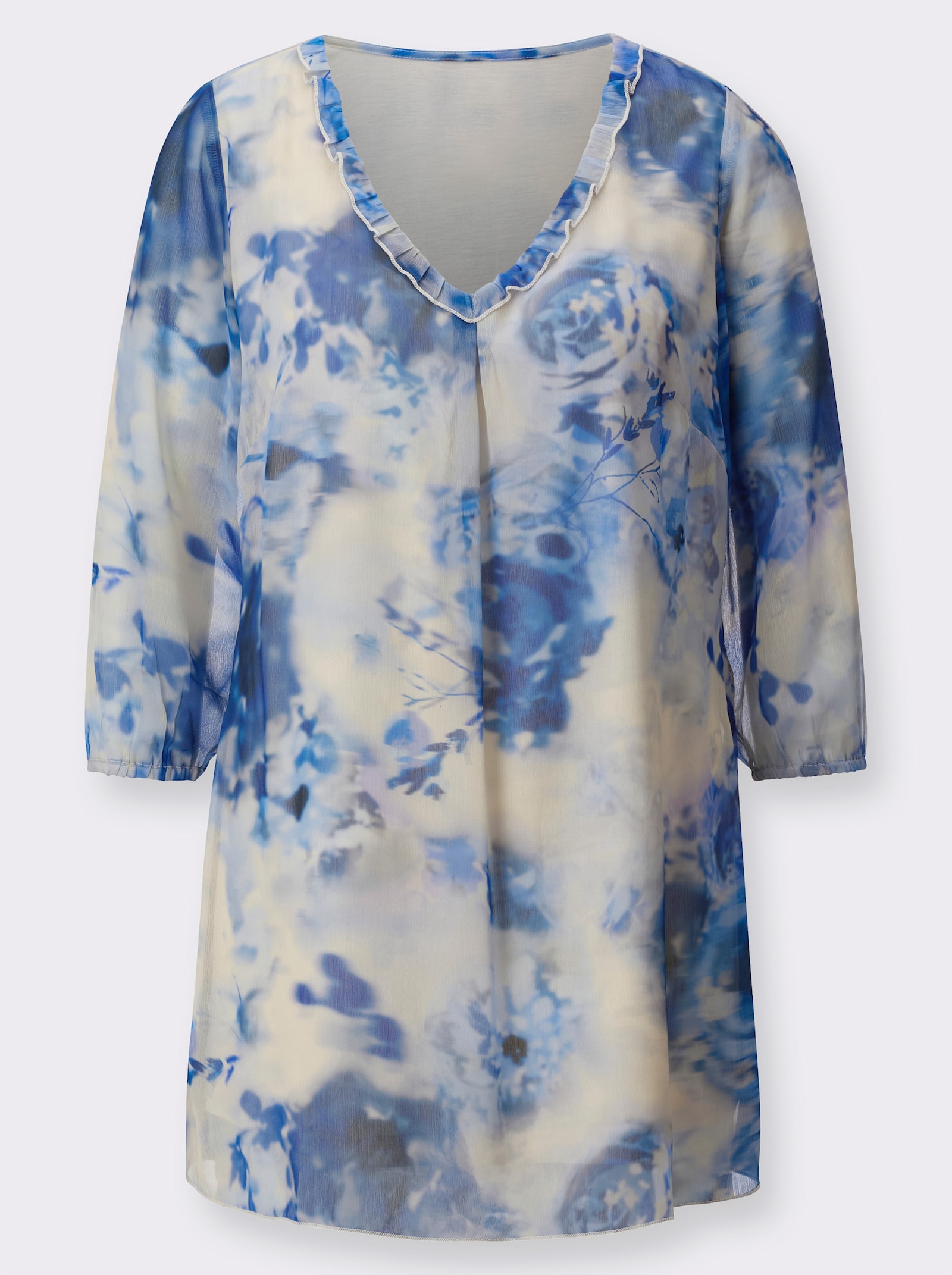 Tunika mit Volants am V-Ausschnitt - champagner-dunkelblau-bedruckt